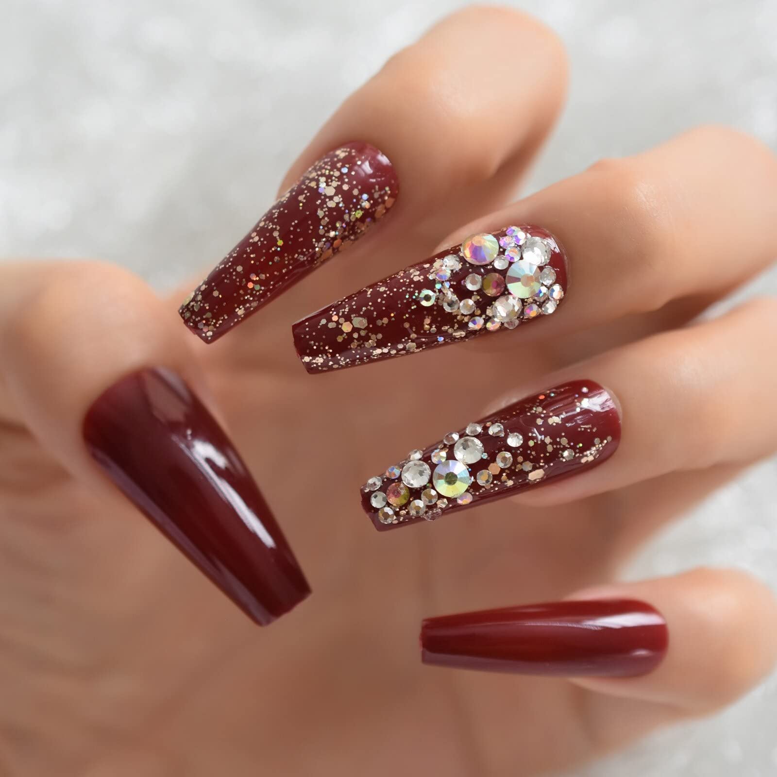 Burgundy Press On Nails with Rhinestone & Glitter Designs - Extra Long Coffin Fake Nails for Women - Perfect for Parties, Weddings & Special Occasions