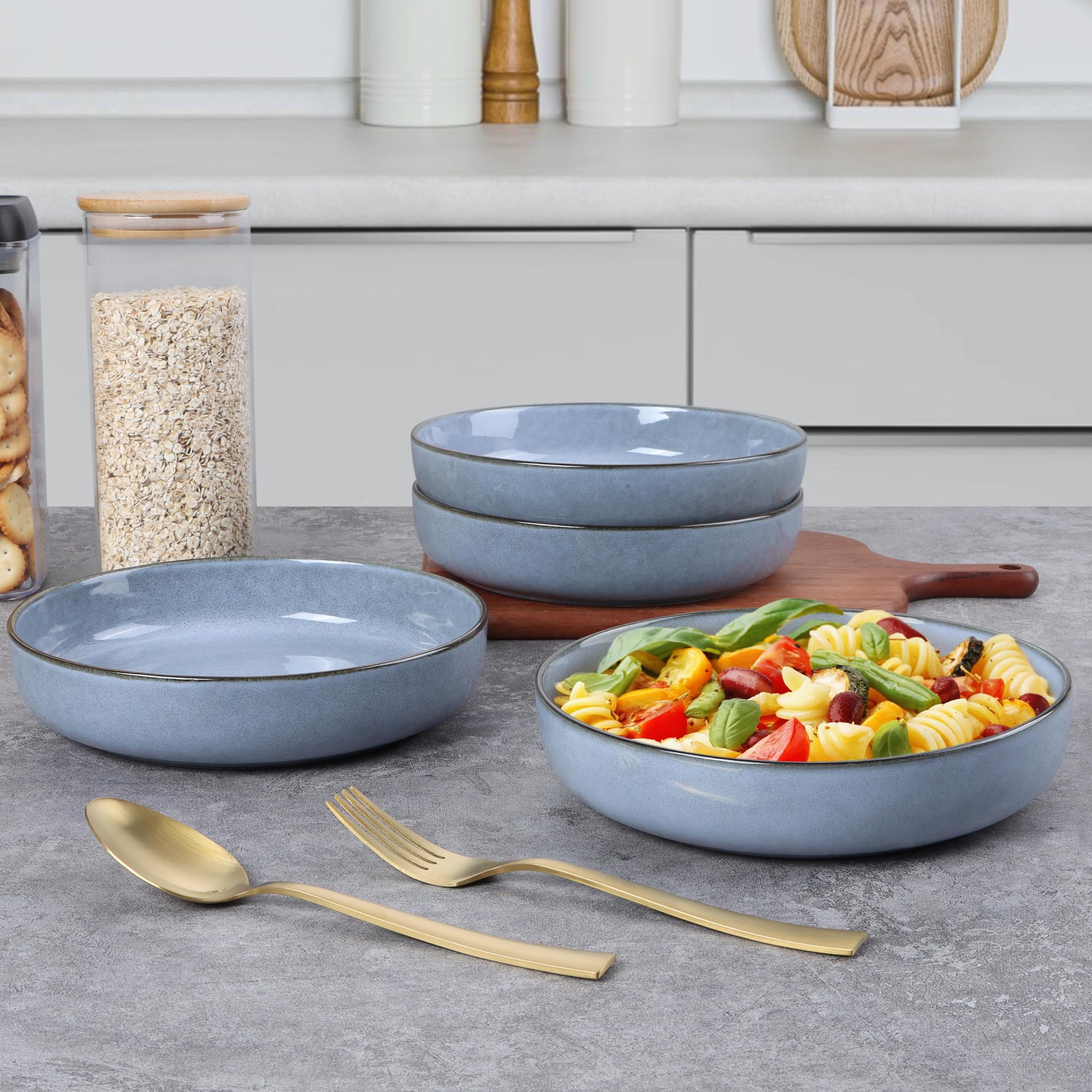 E-far Pasta Bowls Set of 4 - 35oz Large Ceramic Salad Serving Bowls, Wide Shallow Plates for Kitchen - Microwave & Dishwasher Safe, Double Reactive Glaze in Ocean Blue - Perfect for Pasta, Salad, Soup & Family Dining