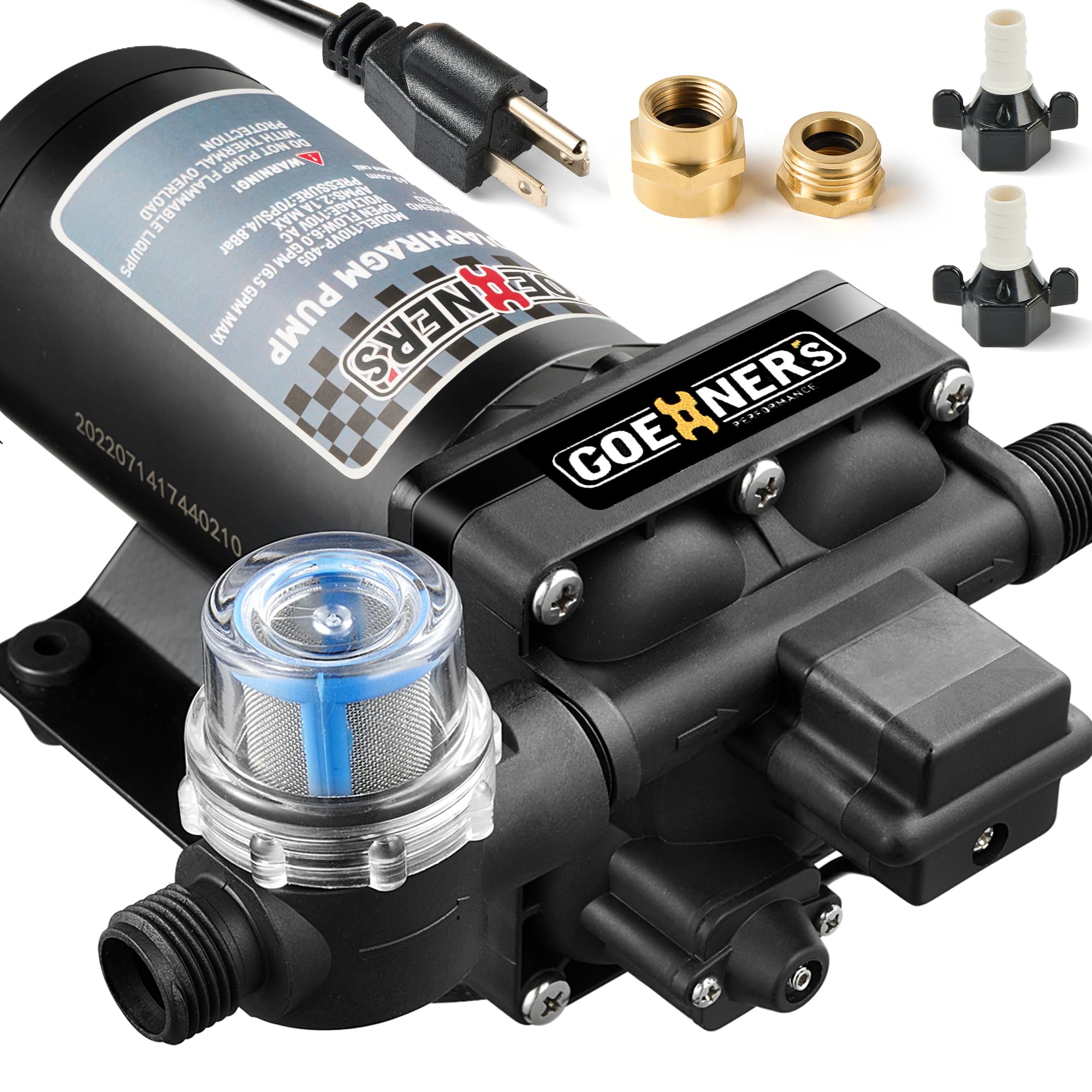 Upgraded 110V AC Fresh Water Pump - 6GPM 70 PSI Self-Priming Diaphragm Pump with Power Plug, Pressure Switch, Brass Connector & Strainer - Ideal for Kitchen Sink, Bathroom Faucet, Garden Hose & RV Water System