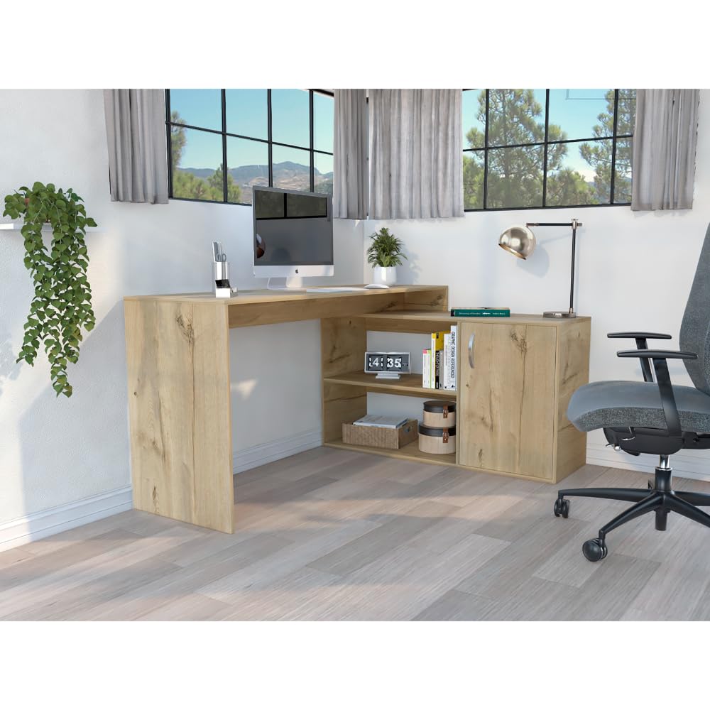 Modern L-Shaped Computer Desk with Open & Closed Storage - Light Oak Finish Home Office Desk for Small Spaces, Gaming & Workstation Setup