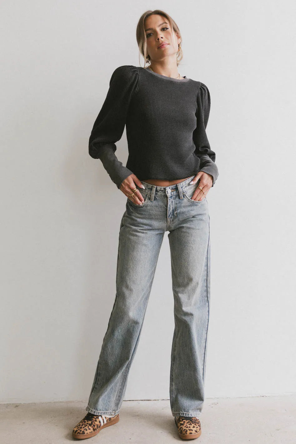 Lettie Waffle Knit Top Women's Long Sleeve Shirt - Soft Black Thermal Sweater for Fall & Winter | Casual Outfits, Layering, Office Wear