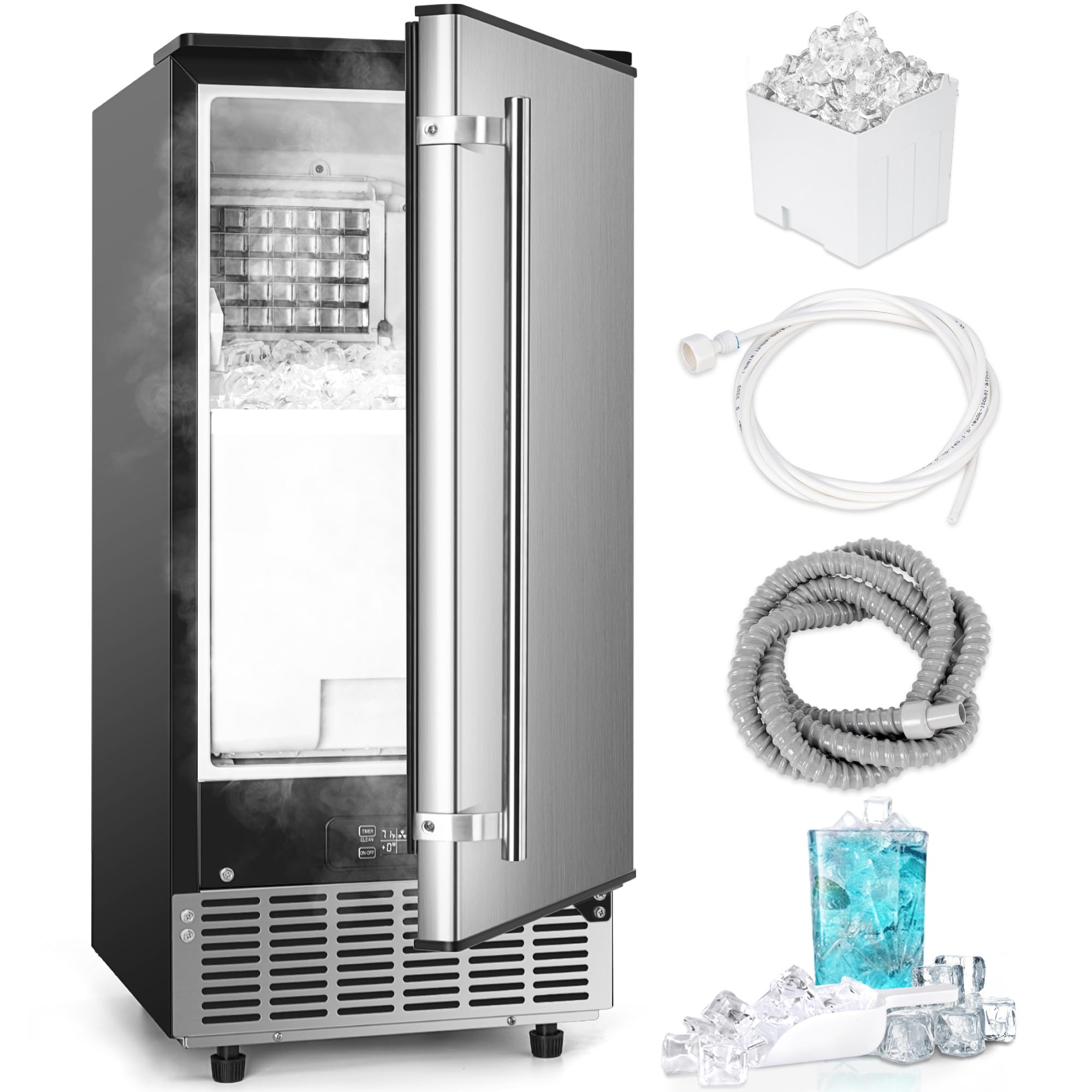 Stainless Steel Commercial Under Counter Ice Maker Machine - 80Lbs/Day Capacity, 24Lbs Storage, Auto-Cleaning, 24H Timer - Freestanding Ice Maker for Home, Office, Restaurant & Bar Use