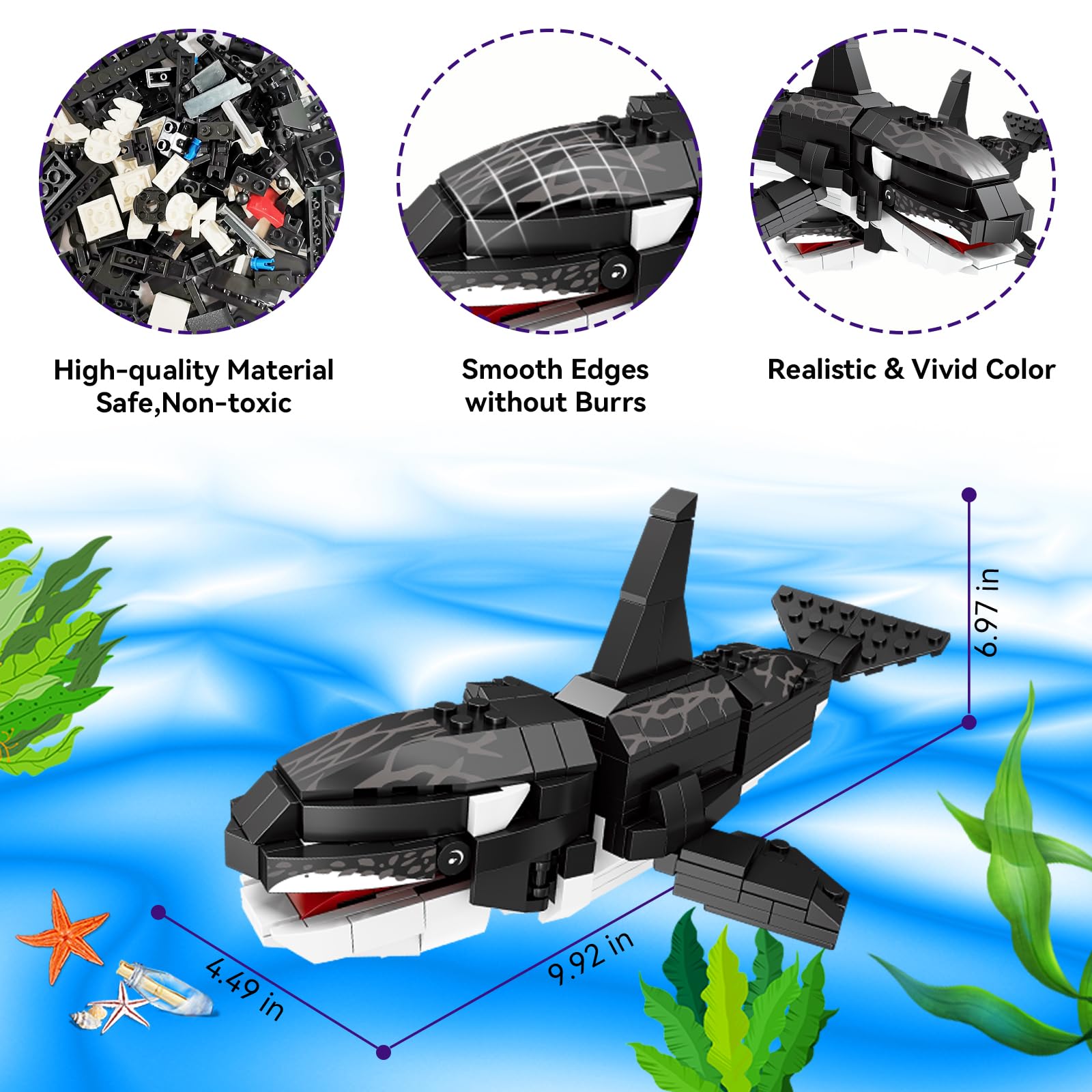KAZI Orca Toys Building Blocks Set - STEM Educational Ocean Animal Toys for Kids Ages 6-10, Deep Sea Creatures Building Kit for Boys & Girls - Perfect for Birthday Party Favors, Christmas & Easter Gifts | Creative Play, STEM Learning & Classroom Activities