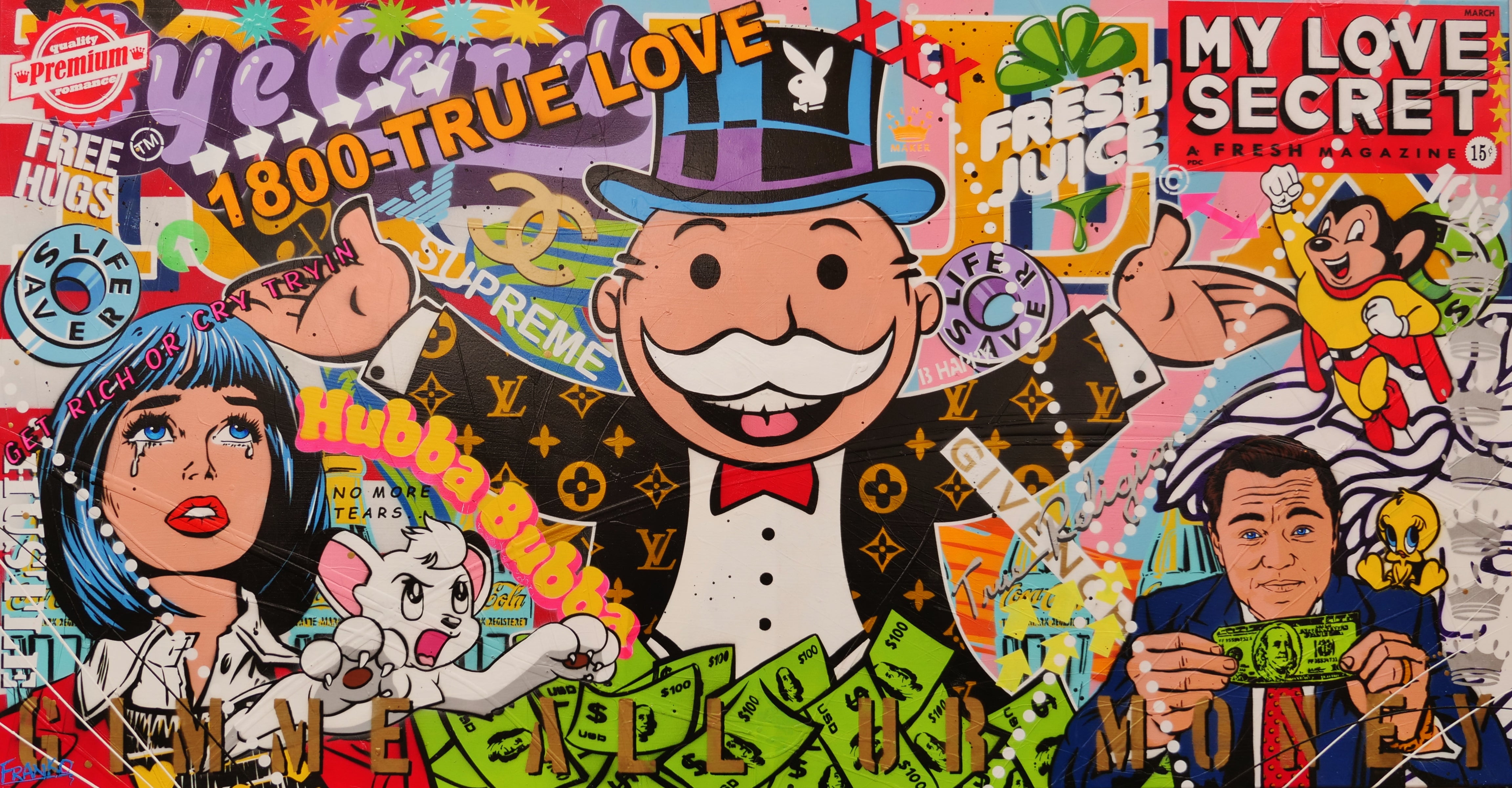 Jackpot Money 190cm x 100cm Monopoly Man Textured Urban Pop Art Canvas Wall Painting - Perfect for Game Room Decor, Office Wall Art & Modern Home Decor