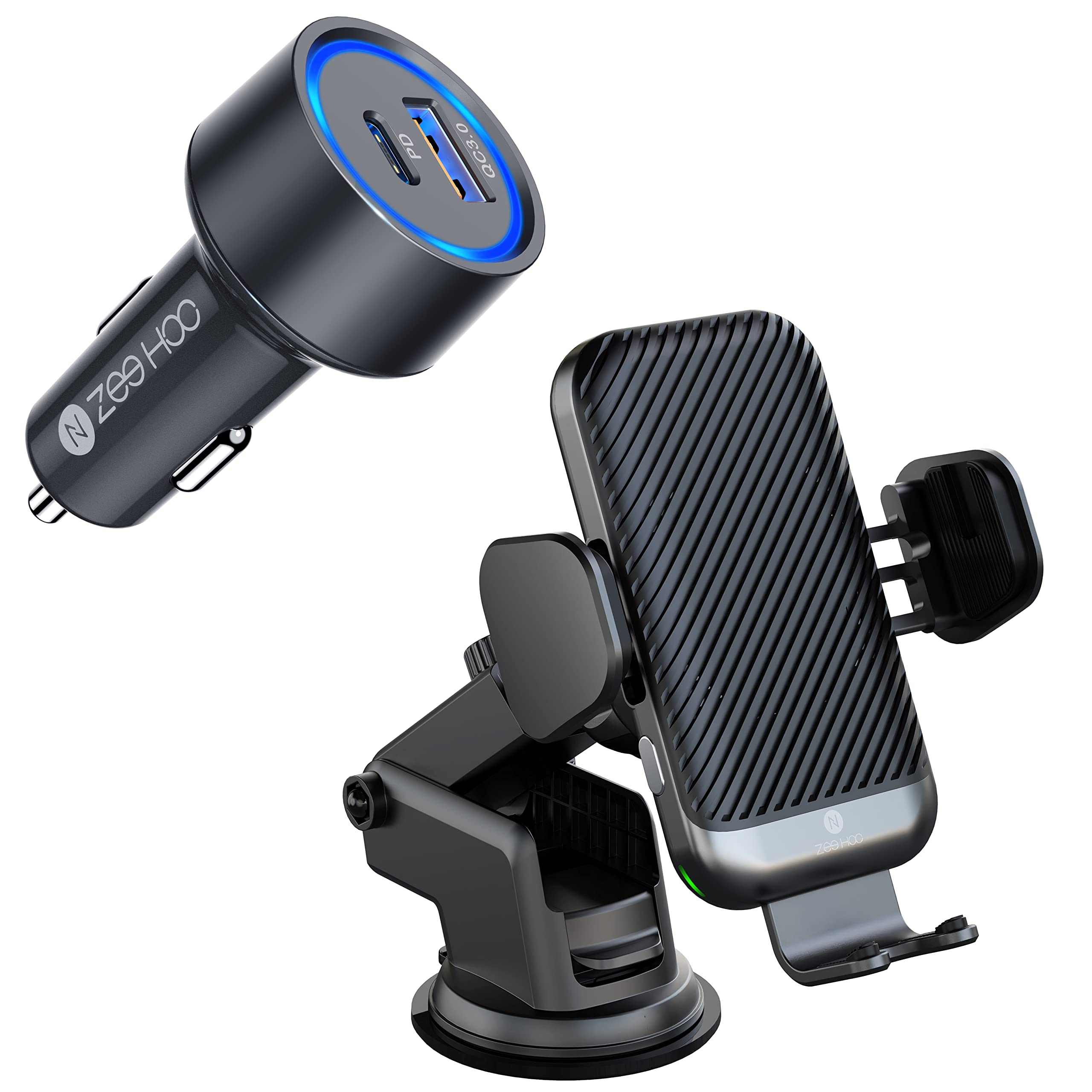 ZeeHoo 15W Fast Wireless Car Charger & 45W QC 3.0 Car Charger Adapter Combo - Perfect for iPhone, Samsung Galaxy, and Android Phones on Road Trips & Daily Commutes