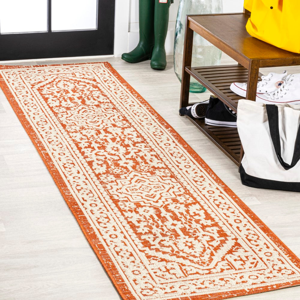Sinjuri Medallion Textured Weave Indoor/Outdoor Runner Rug - Durable & Stylish for Hallway, Patio, or Entryway Decor