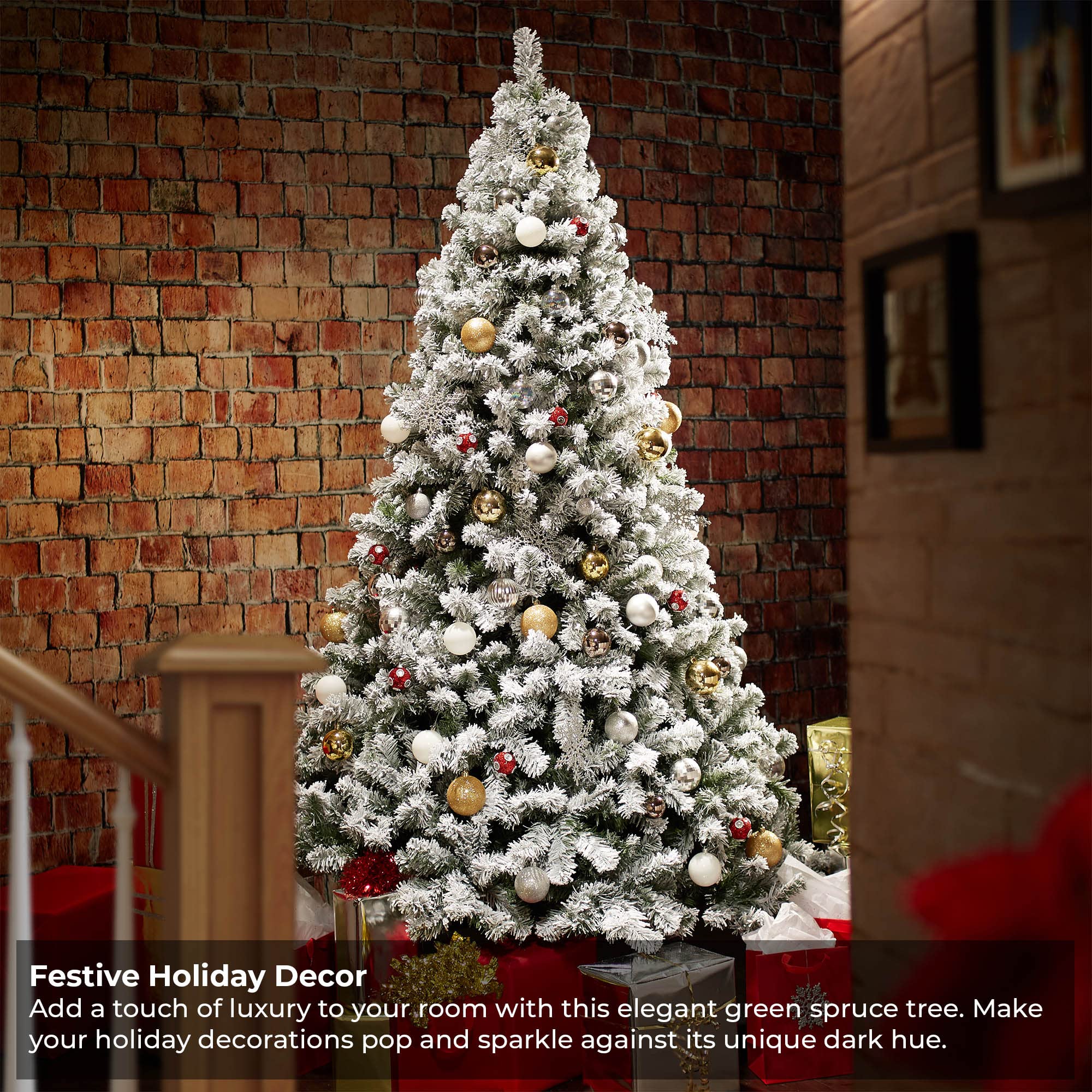 Casafield 7.5FT Realistic Snow-Flocked Pine Artificial Christmas Tree with Sturdy Metal Stand - Perfect for Holiday Home Decor, Office Party & Festive Celebrations