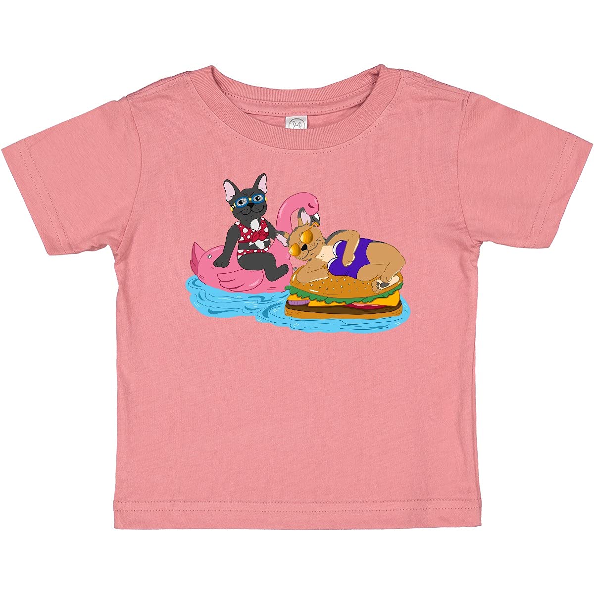Cute French Bulldogs on Pool Floaties Baby T-Shirt - Adorable Pet Lover Outfit for Summer Pool Parties & Beach Vacations