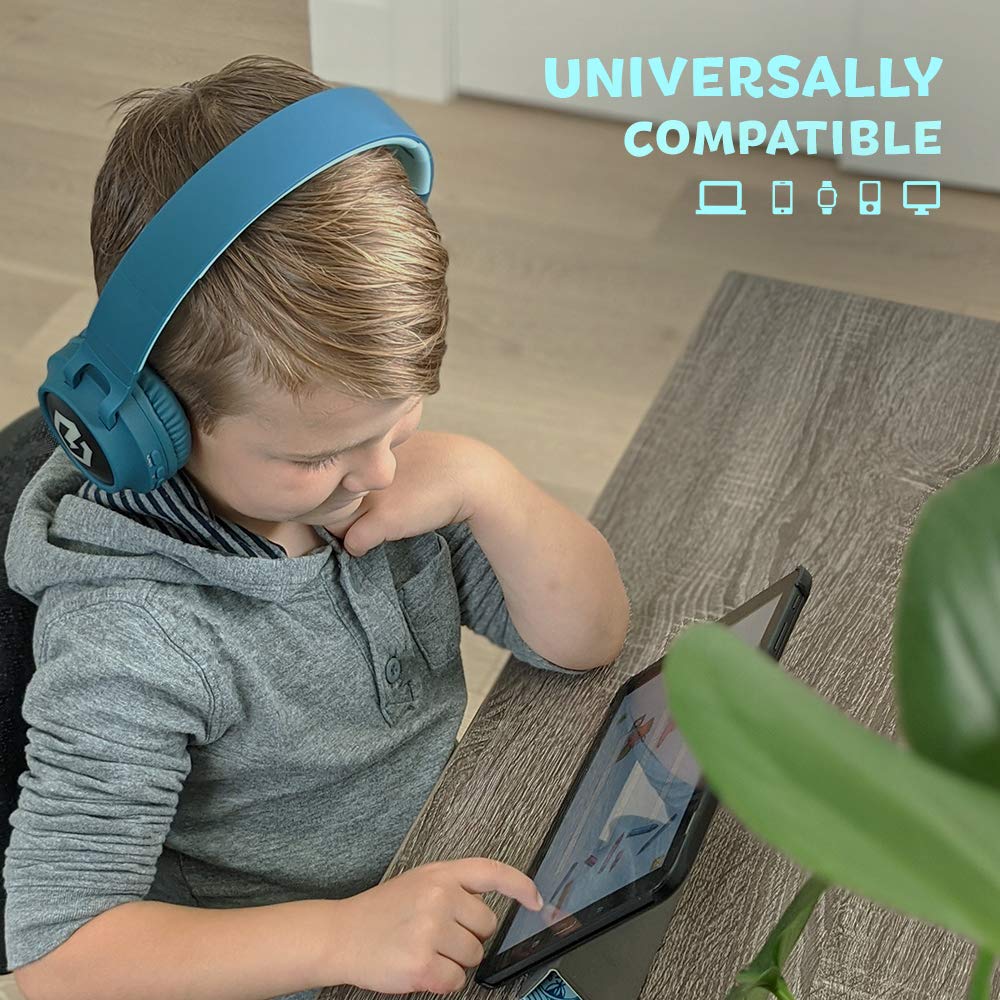 PowerLocus Kids Bluetooth Headphones with LED Lights - Wireless & Wired Foldable Headphones with Microphone, Volume Limiting Safe for Children (Blue/Grey Case) - Perfect for School, Travel & Online Learning