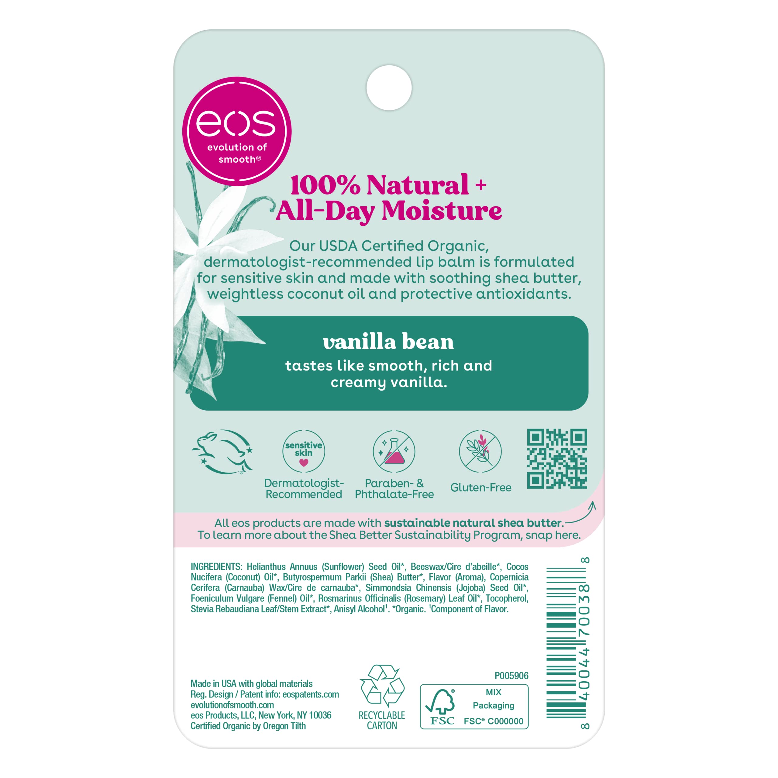 EOS 100% Natural & Organic Vanilla Bean Lip Balm Sphere - All-Day Moisture, Dermatologist Recommended for Sensitive Skin, 0.25 oz Lip Care - Perfect for Dry Lips, Winter Protection & On-The-Go Hydration