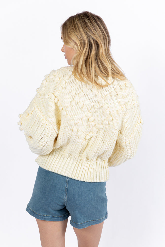 Chunky Knit Cardigan for Women - Pom Party Cream Cinched Waist Sweater | Cozy Winter Pullover for Casual Outfits & Office Wear