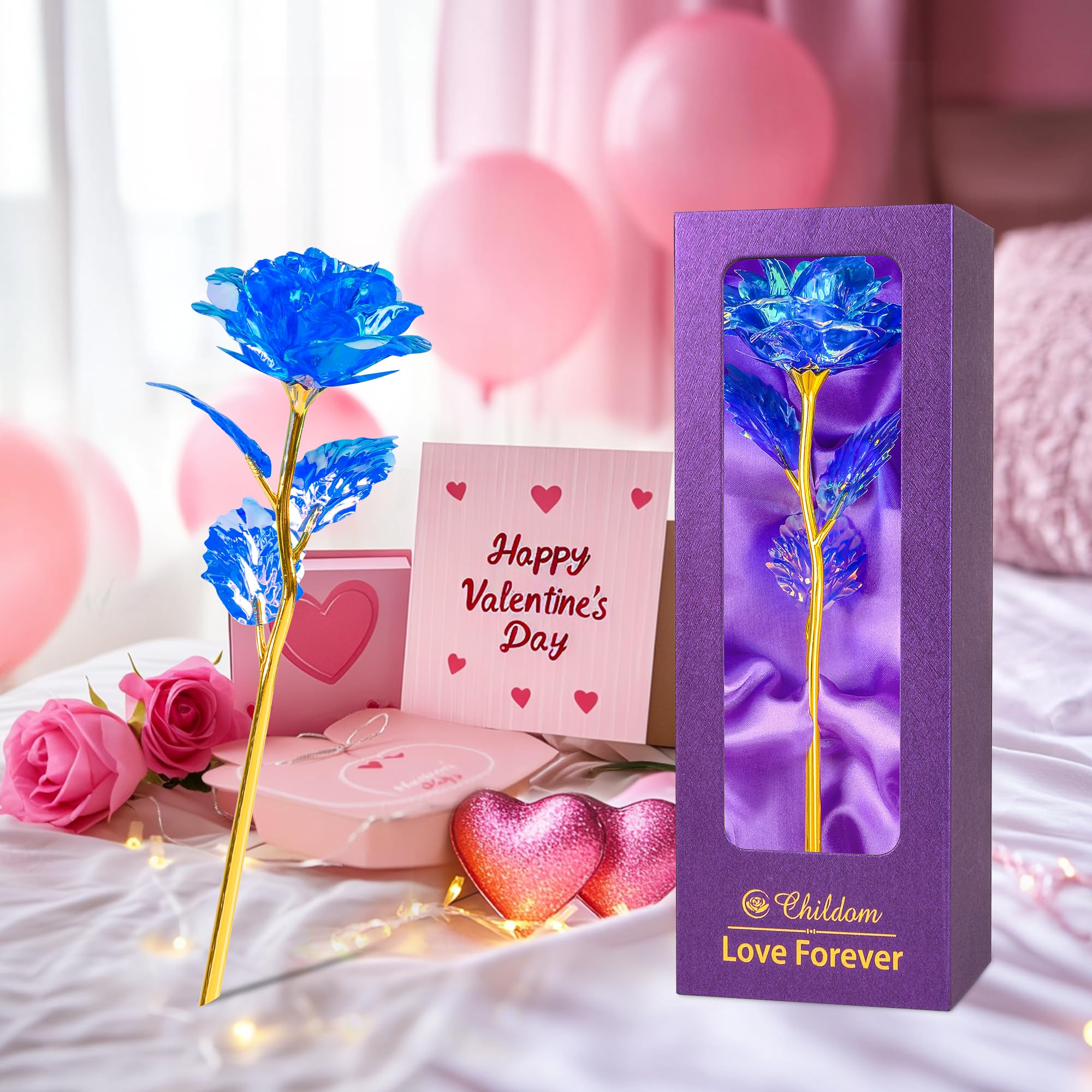 Childom Artificial Blue Rose Flower Gift Set - Perfect Mother's Day, Birthday, Anniversary & Valentine's Gift for Mom, Wife, Grandma from Daughter or Son | Elegant Home Decor & Special Occasion Present