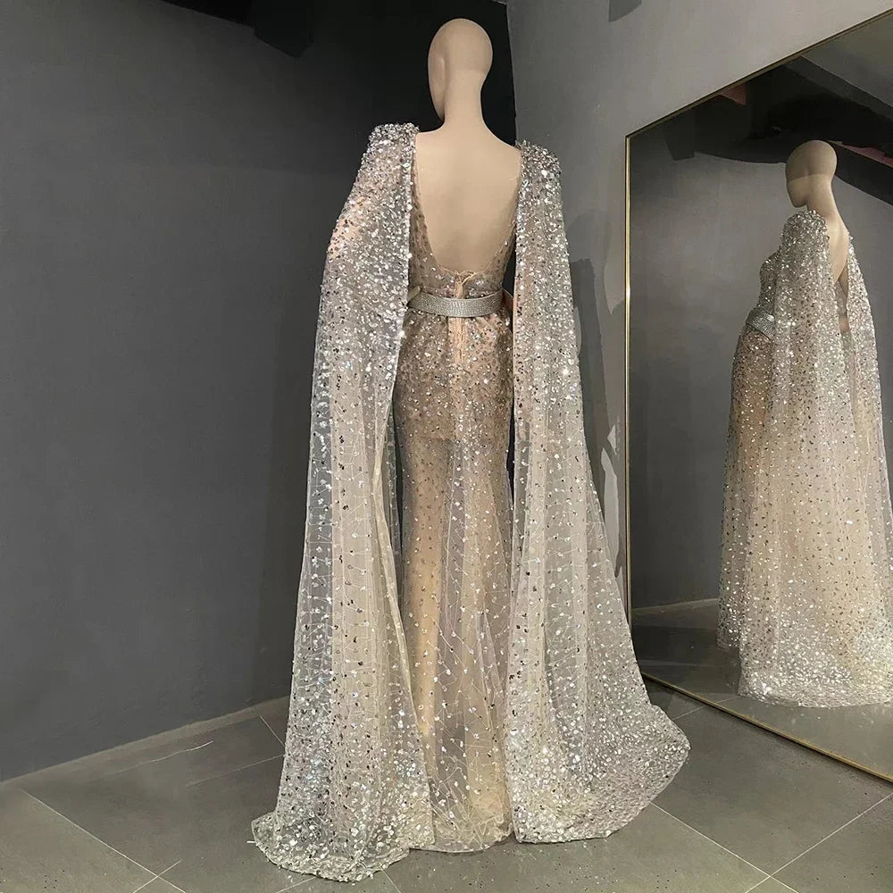 Serene Hill Nude Mermaid Evening Gown with Luxury Cape Sleeves - Beaded Elegant Backless Dress for Women's Party 2025 LA71561 | Perfect for Prom, Gala, Red Carpet & Formal Events