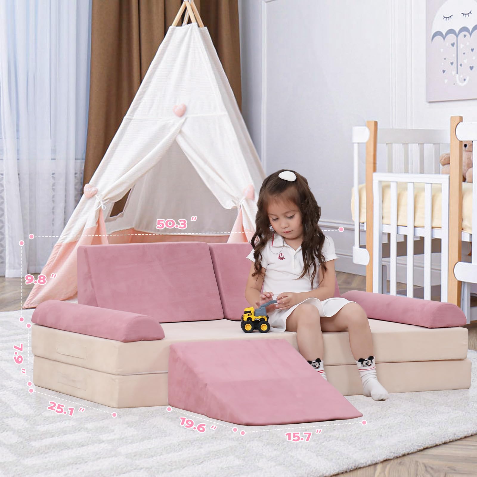 **9PCS Kids Play Couch Sofa Set - Soft Modular Sectional for Playroom, Creative Imaginative Furniture for Boys & Girls Bedroom (Pink) - Perfect for Reading, Lounging & Playtime**