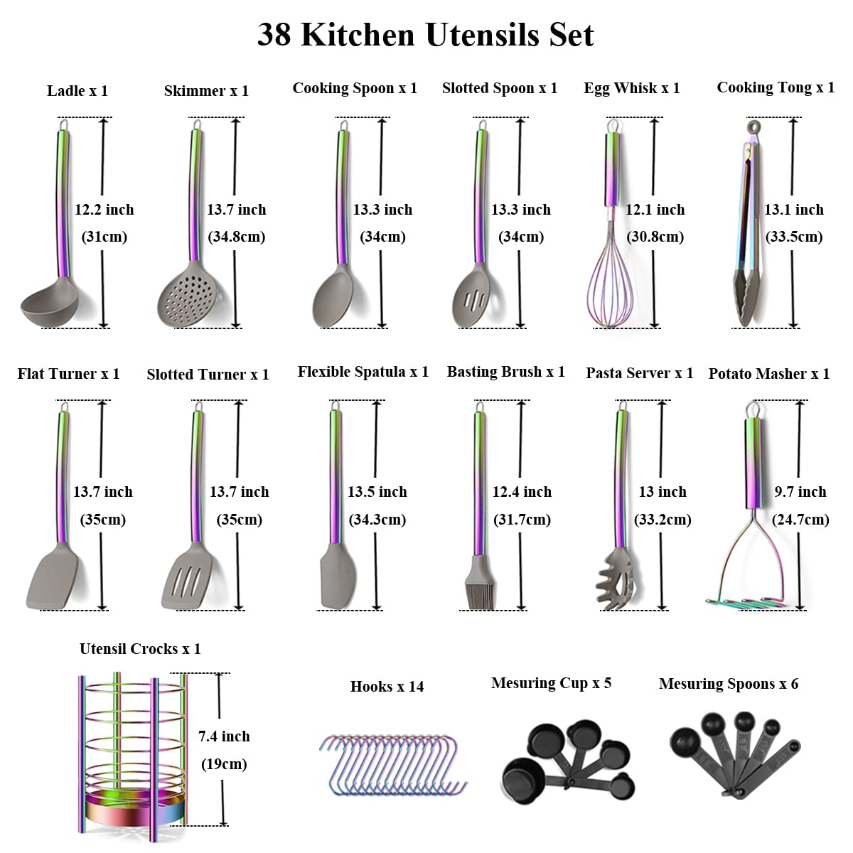38-Piece Silicone Kitchen Cooking Utensils Set with Holder - Heat-Resistant Non-Stick Cookware Tools with Stainless Steel Handles & Silicone Heads - Dishwasher Safe Rainbow Color for Baking, Grilling & Everyday Cooking
