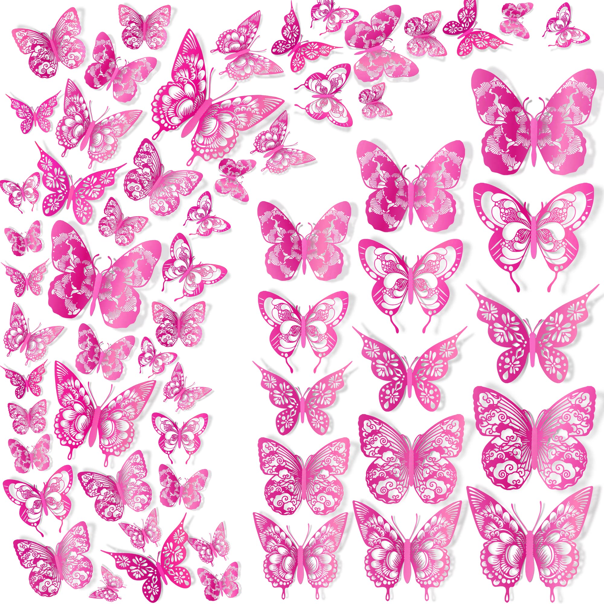 60 Pieces Vintage Pattern 3D Hollow Butterfly Wall Decals - Metallic Deep Pink Butterflies Wall Stickers, DIY Removable Decor (5 Styles, 3 Sizes) for Girls Bedroom, Living Room, Birthday Cake & Party Decorations - Perfect for Nursery, Wedding, Baby Shower & Home Wall Art