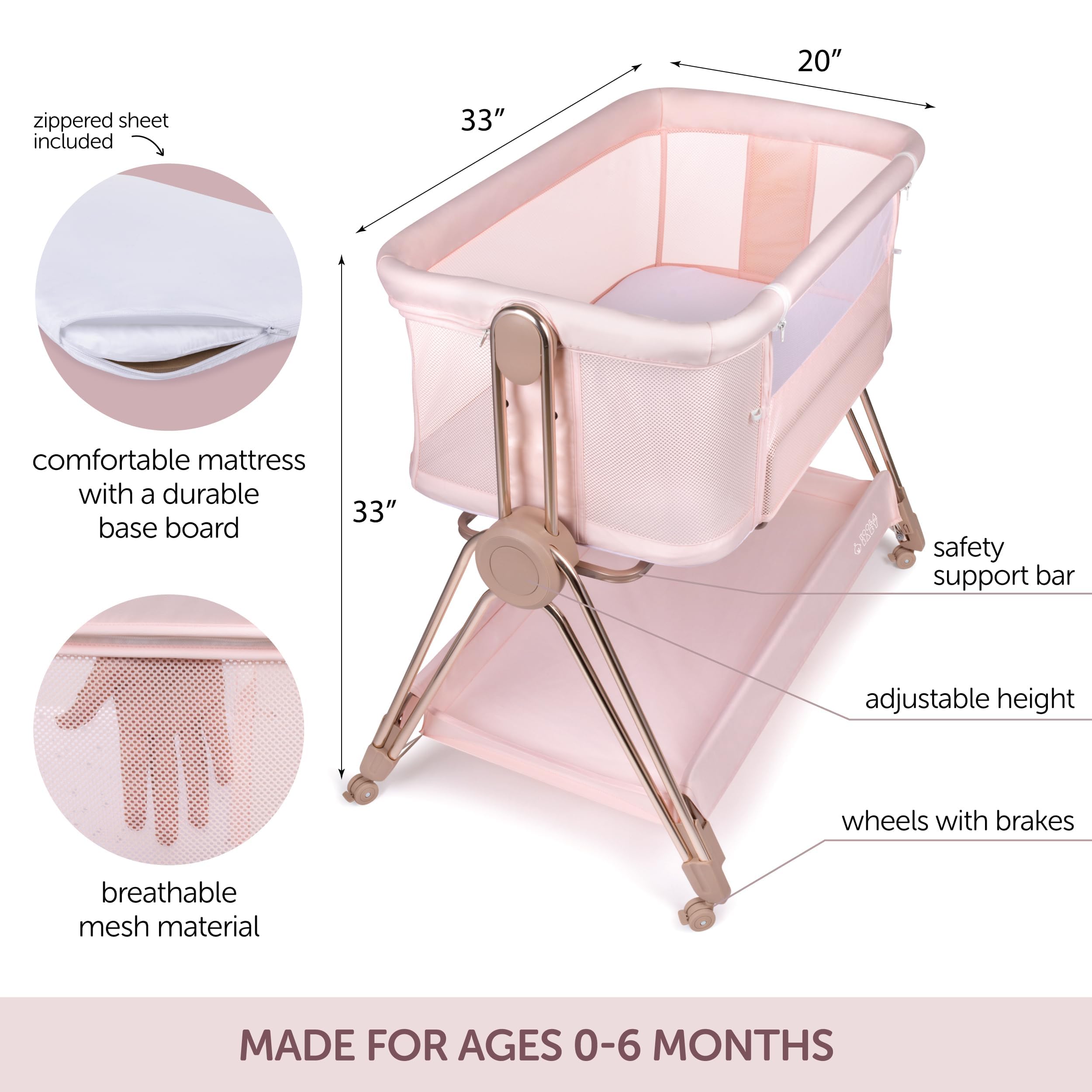 Adjustable Baby Bedside Sleeper Bassinet with Wheels - Portable Foldable Crib for Newborns & Infants - Safe Co-Sleeping Solution with Height Adjustment - Perfect for Nursery, Bedroom & Travel (Pink) - Ideal for Nighttime Feeding & Soothing Baby