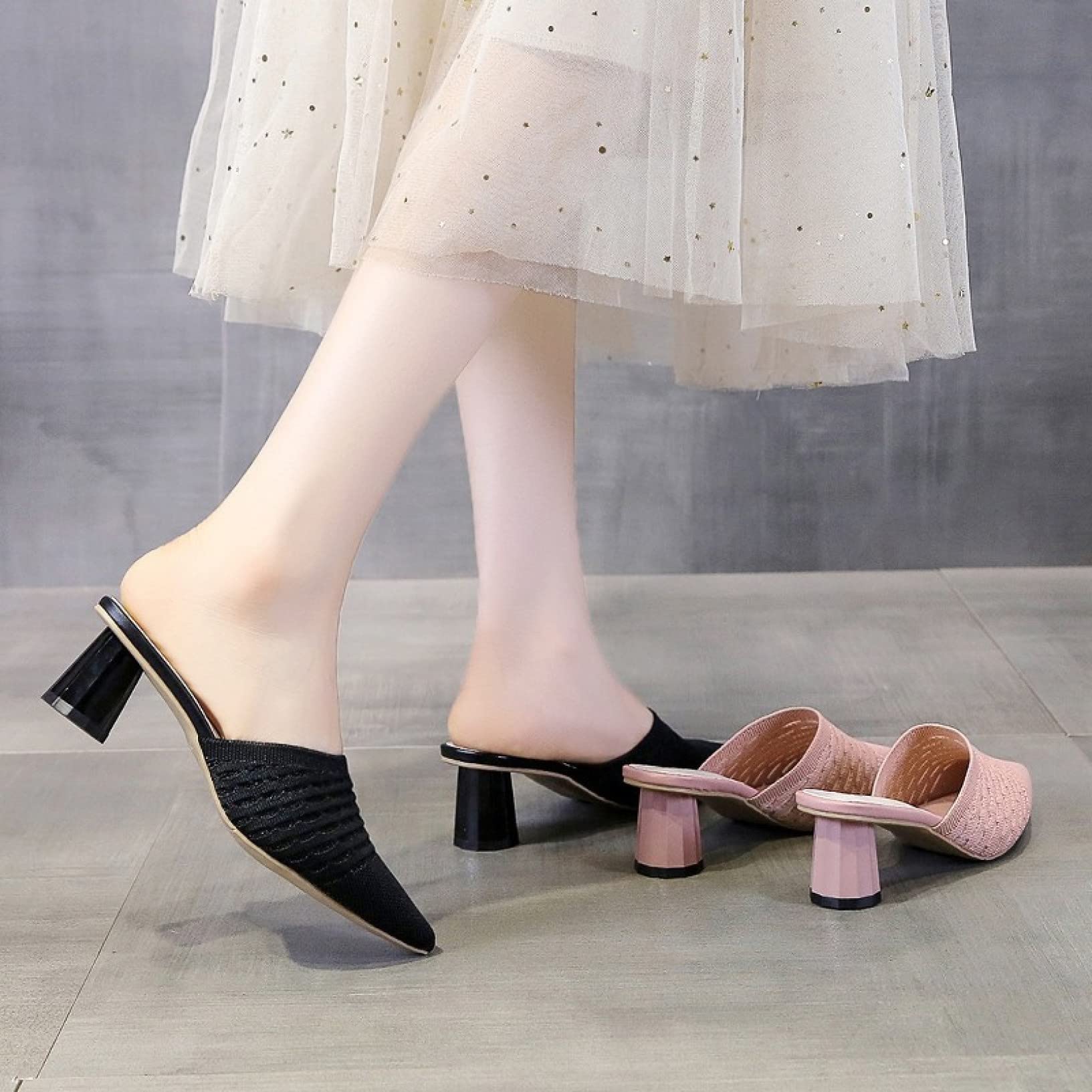 Women's Chunky High Heel Mules - Breathable Mesh Knit Slingback Dress Shoes for Party & Evening Wear | Comfortable Women's Fashion Mule Sandals for Weddings, Date Nights & Special Occasions