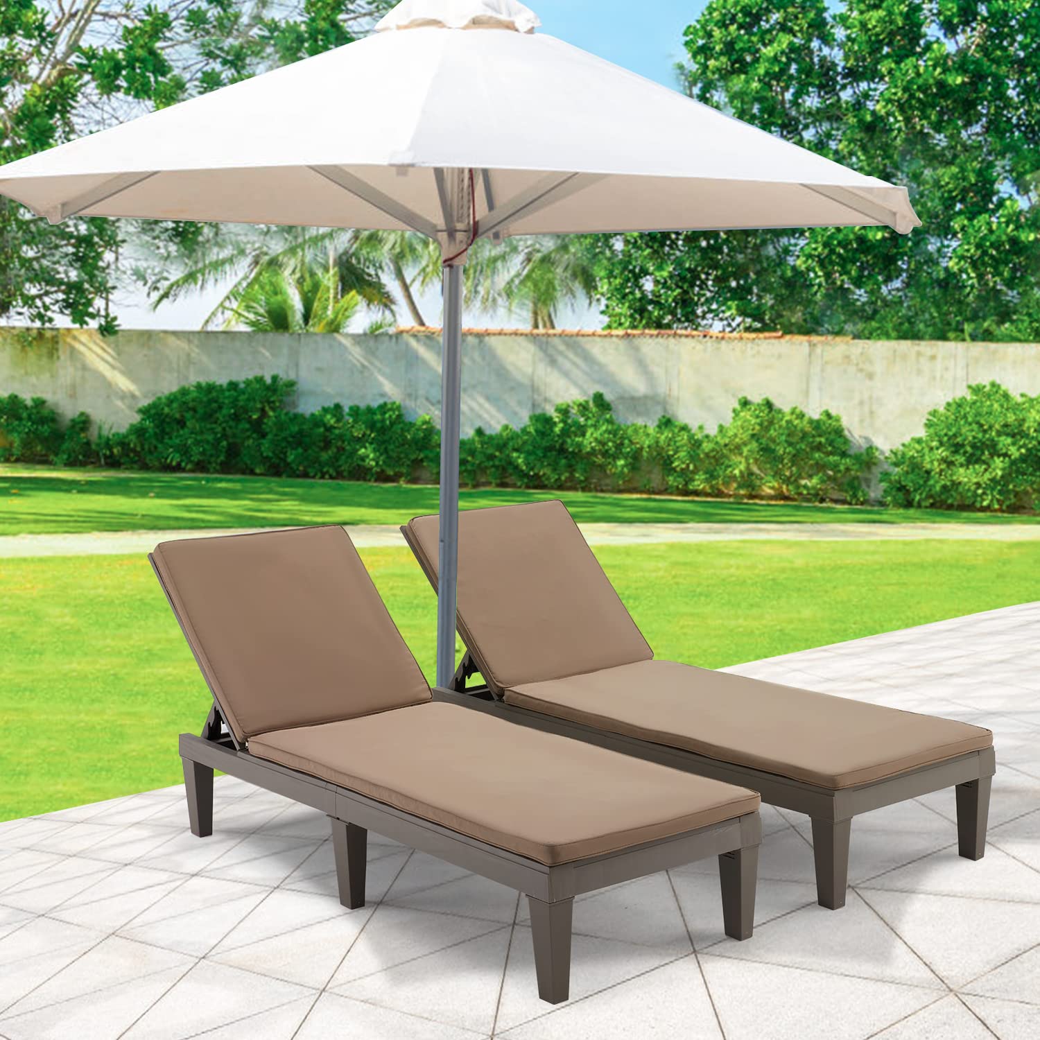 EROMMY 2-Pack Outdoor Chaise Lounge Chairs - All-Weather Patio Loungers with 5-Position Adjustable Backrest & Removable Cushions - Reclining Beach Chairs for Poolside, Backyard, Balcony & Garden Relaxation