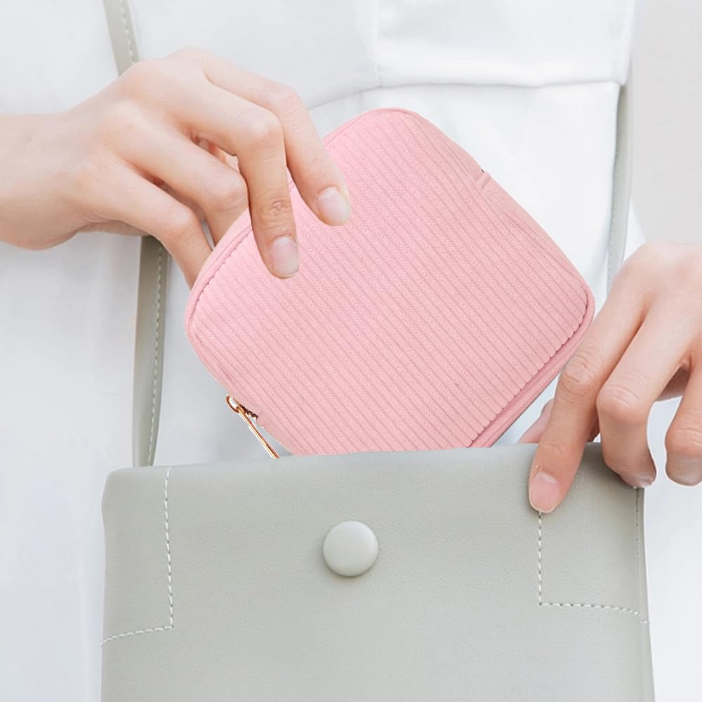 Mini Pink Corduroy Makeup Bag for Women - Cute Small Cosmetic Pouch, Travel Toiletry Bag & Purse Organizer - Perfect for Daily Use, Travel, Car & Gift Giving