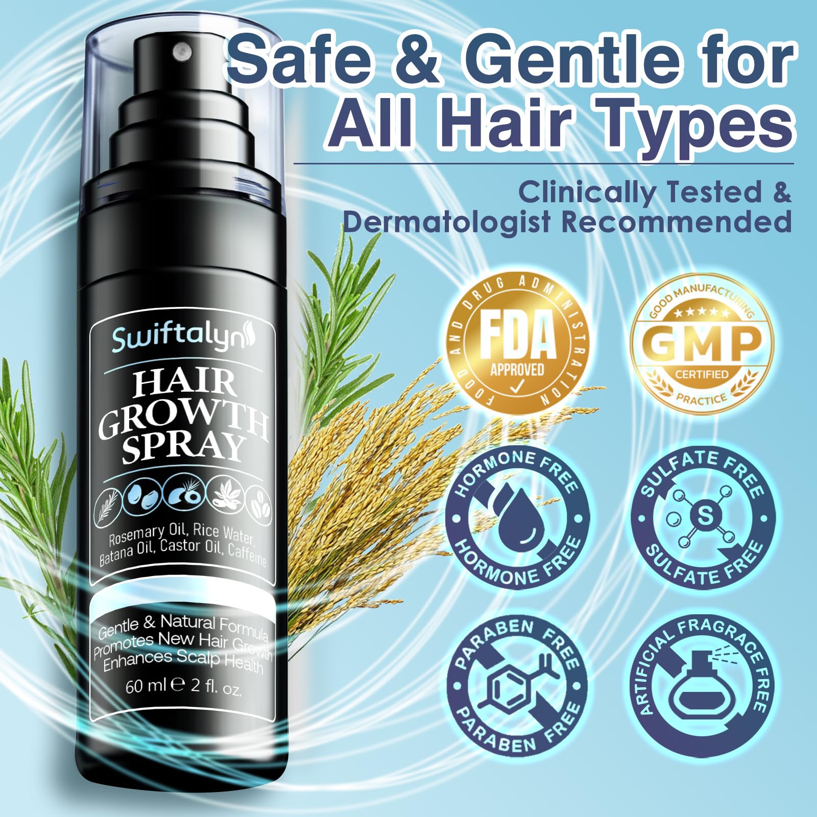 Natural Hair Growth Spray for Men - Rosemary, Batana Oil, Rice Water & Biotin Serum | Scalp Treatment with Castor Oil & Caffeine | Hair Thickening & Hair Loss Solution (60ml) | Perfect for Daily Use & Styling Routine