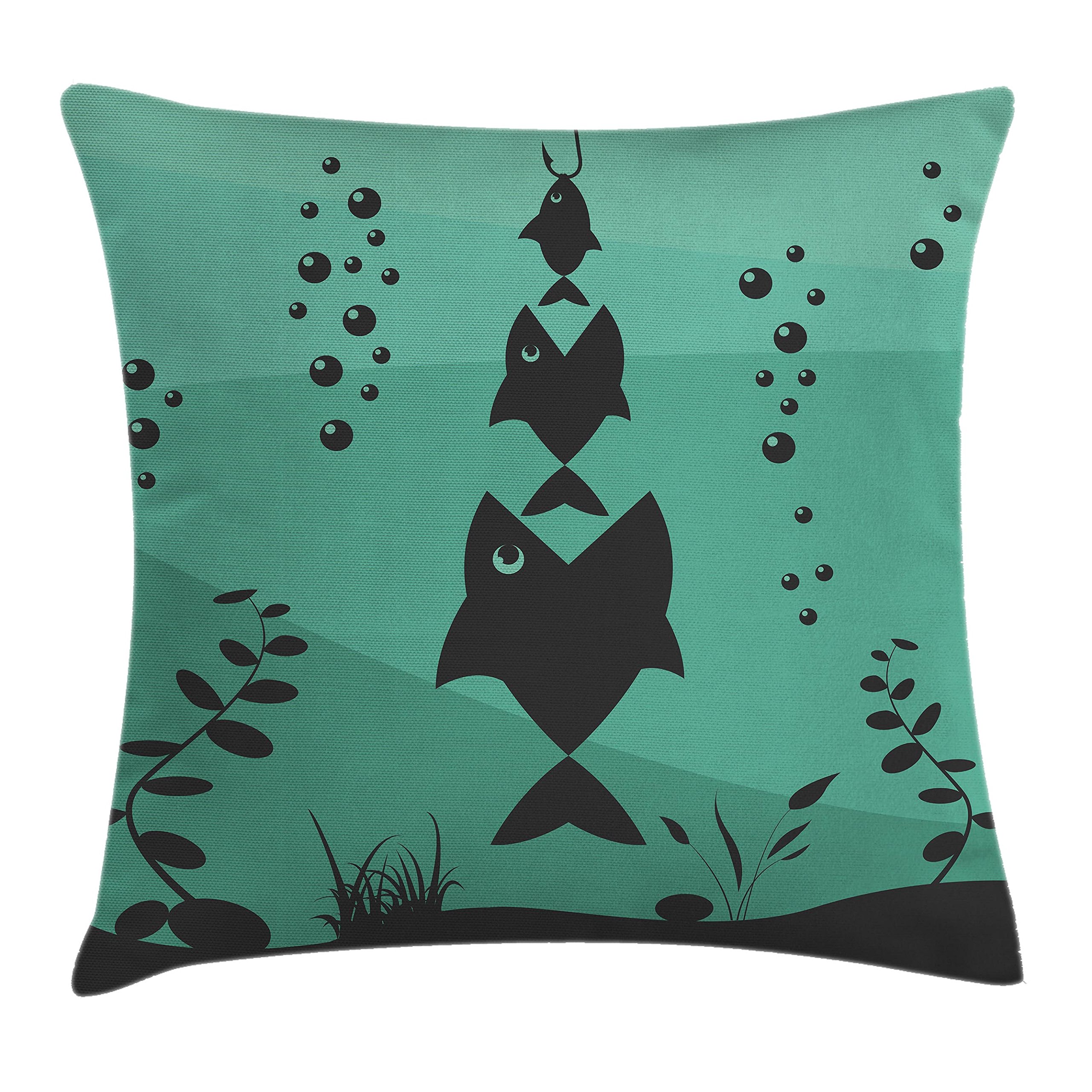 Ambesonne Fishing Themed Decorative Throw Pillow Cover - 26x26 Inch Square Cushion Case with Underwater Ocean Fish Design in Teal Grey - Perfect for Living Room, Bedroom, or Boat Decor
