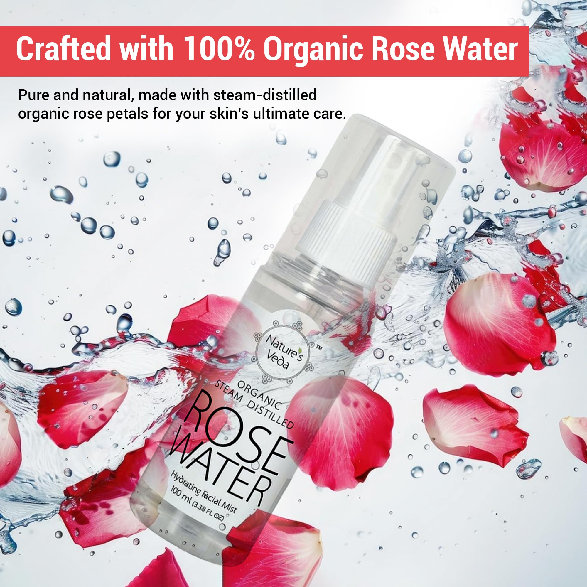 Nature's Veda 100% Pure Organic Rose Water (100ml) - Natural Skin Toner for Cleansing, Hydrating & Soothing | Helps Maintain pH Balance | Perfect for Daily Skincare, Makeup Setting & Post-Shave Relief