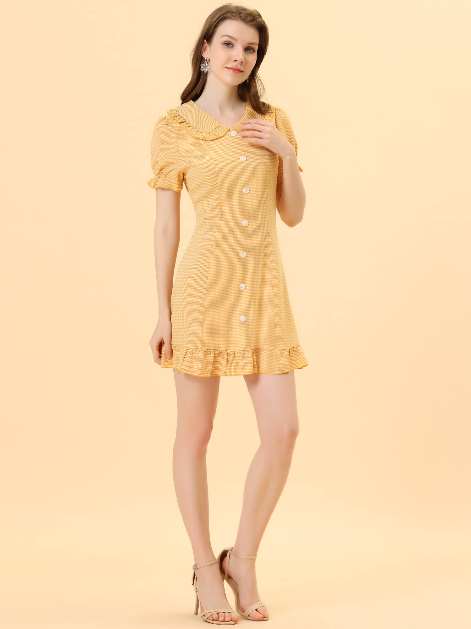 Allegra K Women's Plaid Gingham Ruffled Retro Peter Pan Collar Dress | Vintage Style Floral Print A-Line Dress | Perfect for Parties, Weddings & Casual Outings