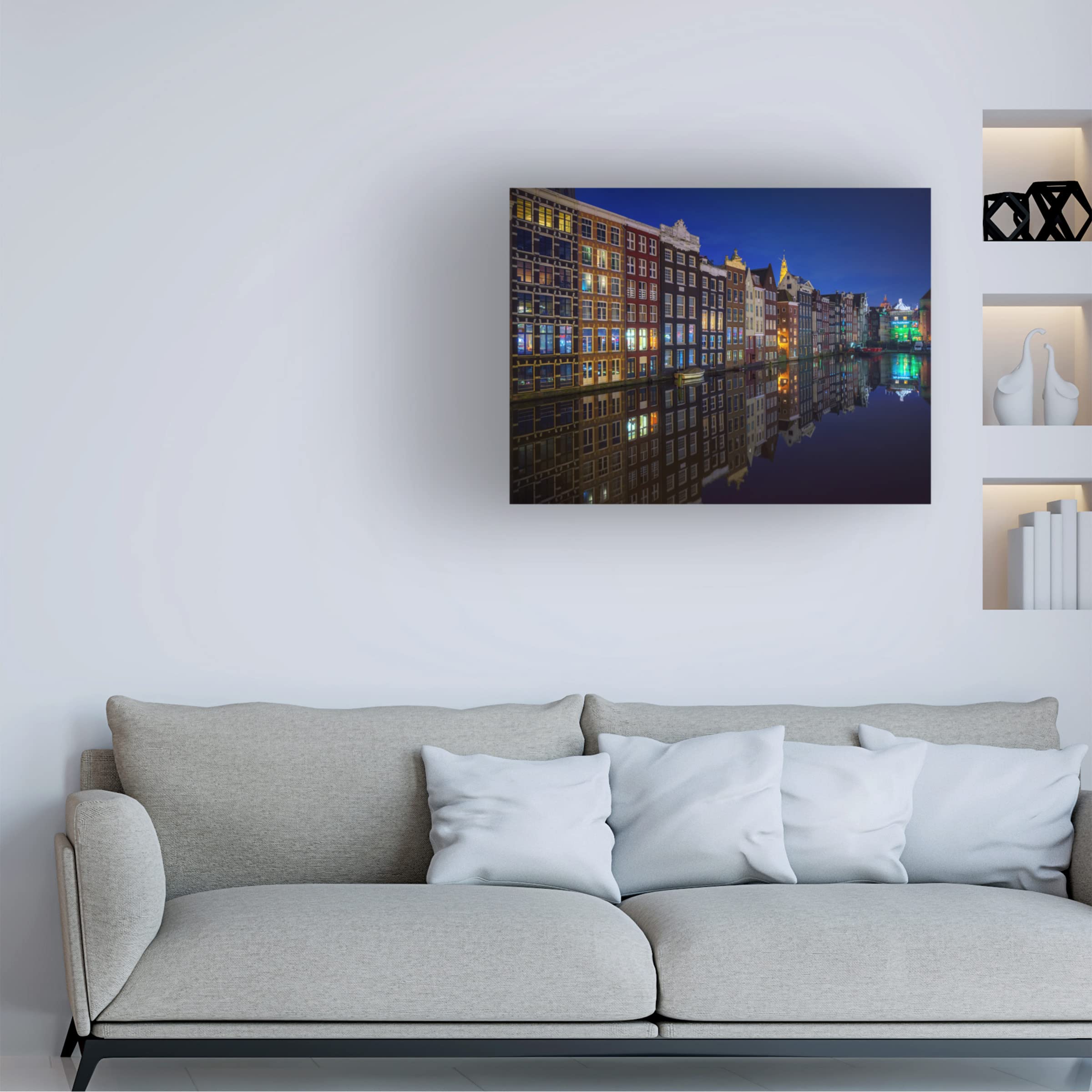 Trademark Fine Art 'Amsterdam At Night 2017' Canvas Wall Art Print by Juan Pablo - Modern Cityscape Painting for Living Room, Bedroom & Office Decor