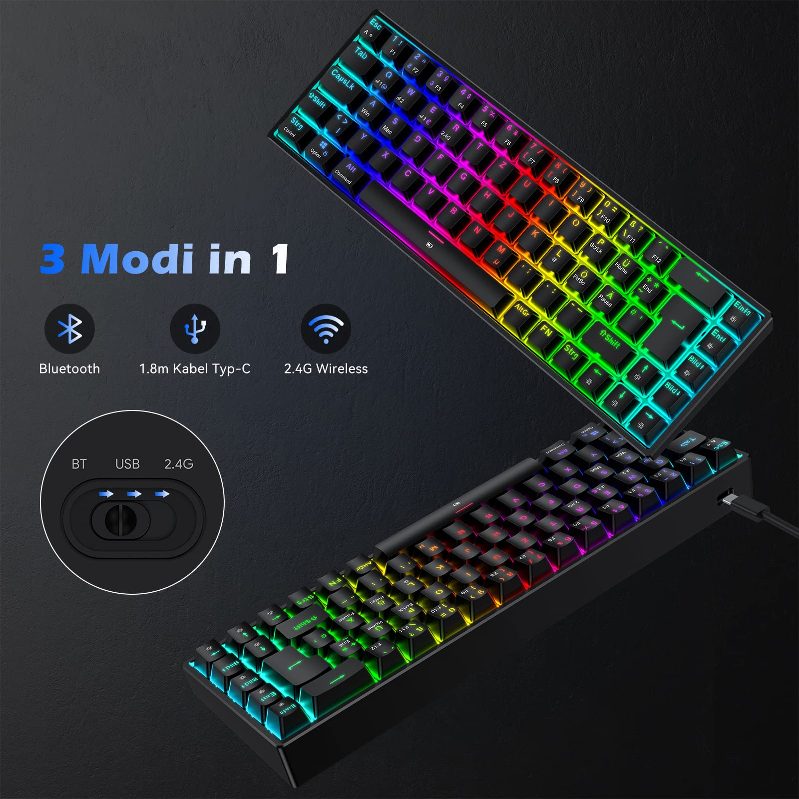 TECURS Wireless Mechanical Gaming Keyboard - RGB Backlit, 65% TKL Compact Design with Red Switches | German QWERTZ Layout for PC, PS4, PS5, Xbox One & Laptop | Perfect for Gaming, Office Work & Typing | Black