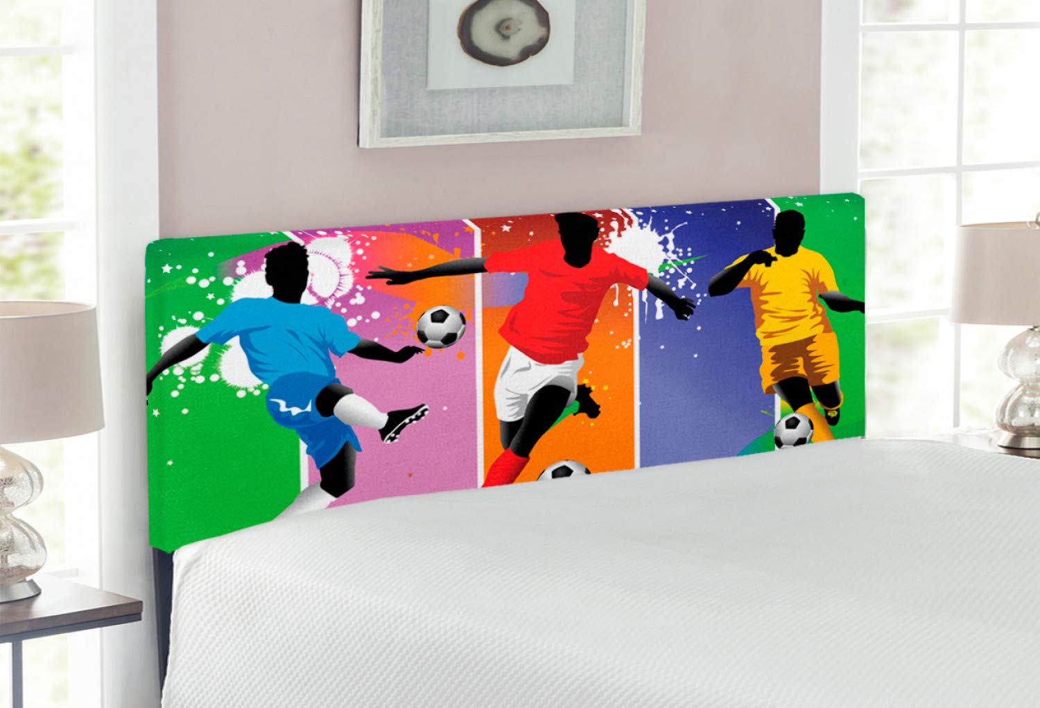 Ambesonne Soccer Headboard - Modern Upholstered Metal Bed Headboard with Memory Foam, Full Size, Soccer Design with 4 Player Positions - Perfect for Boys Room, Sports Themed Bedroom, and Soccer Fans Decor