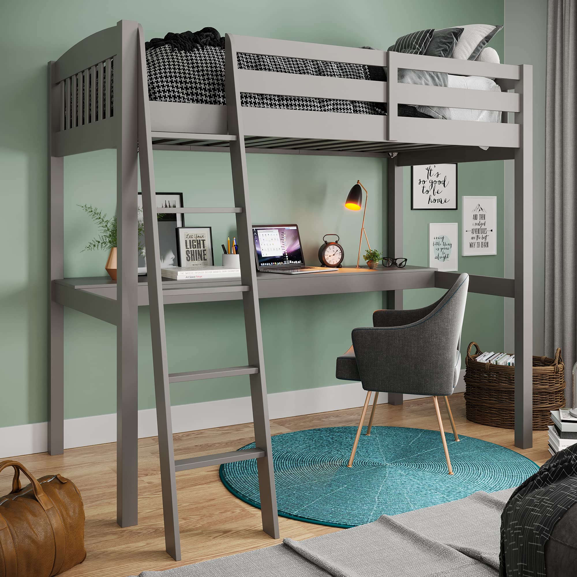 Harper & Bright Designs Solid Wood Twin Loft Bed with Desk & Ladder for Kids - Space-Saving Study & Sleep Solution for Small Rooms, Grey (No Box Spring Needed) - Perfect for Kids' Bedrooms, Dorm Rooms & Small Apartments