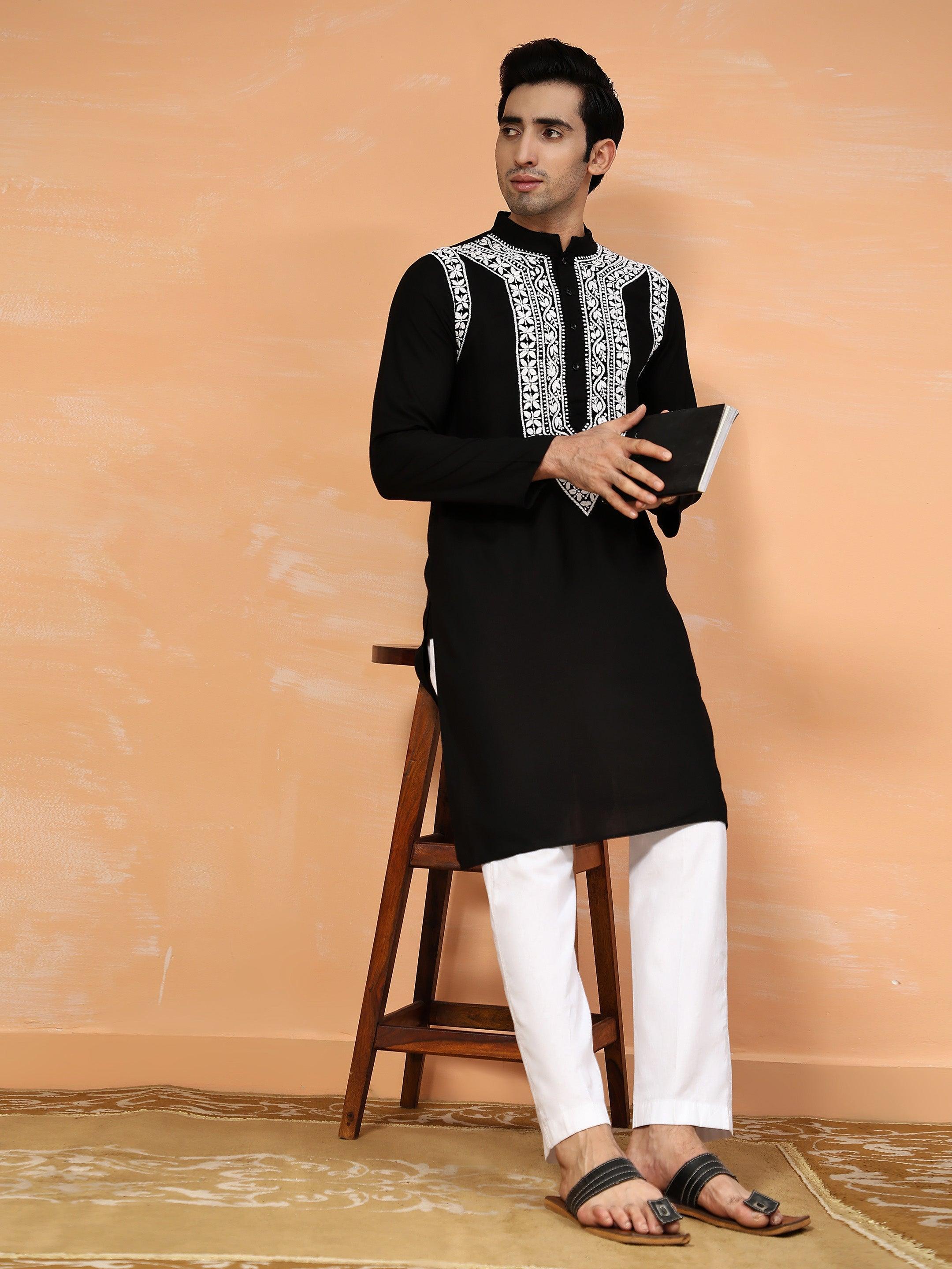 HOK Men's Chikankari Kurta - Rayon Cotton Blend Traditional Indian Tunic - Black Ethnic Wear for Festivals, Weddings & Casual Outings