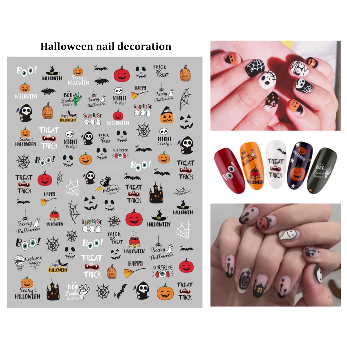 8 Sheets Halloween 3D Glow in The Dark Nail Stickers - Scary Ghost, Witch, Skull, Spider Web & Pumpkin Designs - Self-Adhesive Nail Art Decals for Women & Girls - Perfect for Halloween Parties, Costume Events & Nail Salon Decorations