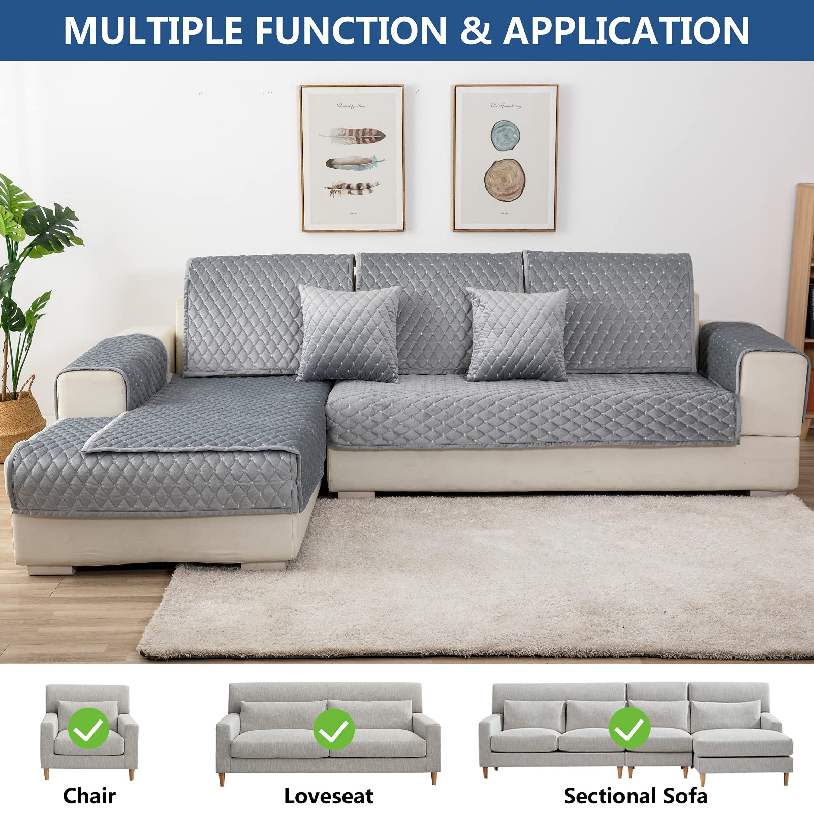 Eismodra 18x18 Inch Light Gray Throw Pillow & Sofa Cover Set - 3 Cushion Sectional Couch Cover, Pet-Friendly Slipcover for Loveseat, Recliner & L-Shaped Leather Furniture | Home Decor, Living Room Protection from Dogs & Cats