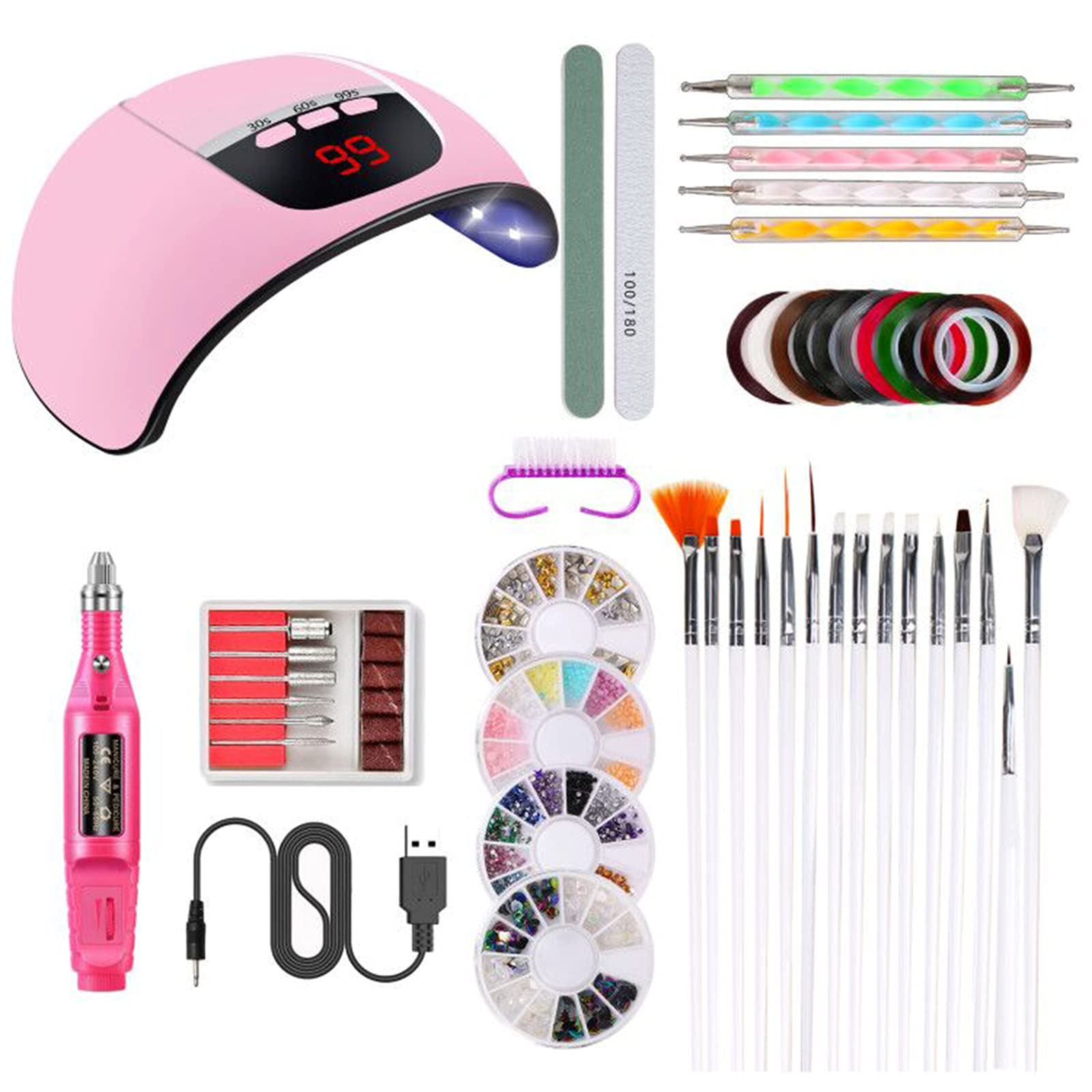 Professional Nail Art Kit with LED Nail Dryer Lamp, USB Charging Nail Pen, Dotting Tools & Manicure Accessories - Pink Beauty Set for Home Salon & DIY Nail Designs - Perfect for Gel Polish, Acrylic Nails & Nail Art Beginners