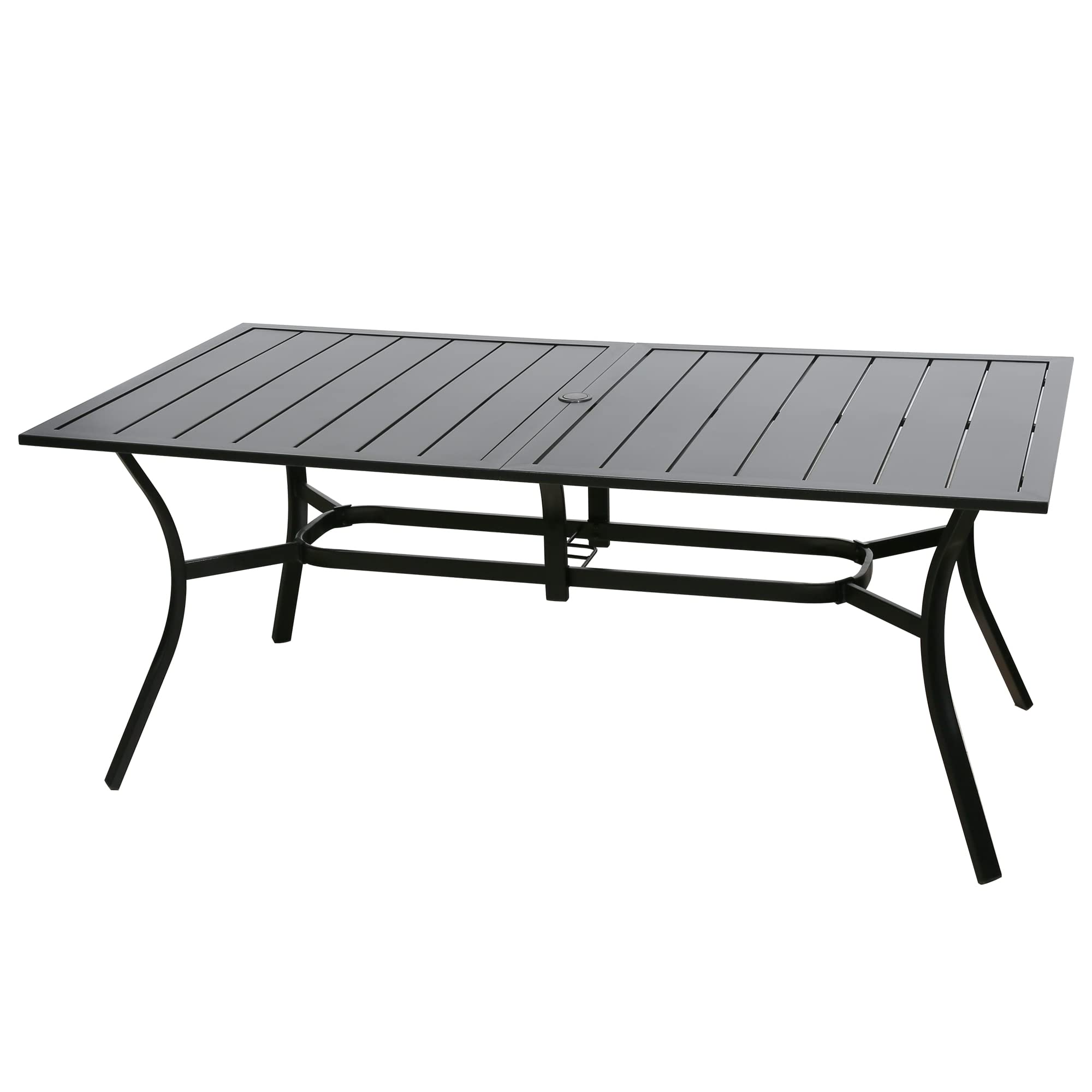 Black Metal Slatted Patio Dining Table with Umbrella Hole - Outdoor Rectangle Table for Garden, Deck, Poolside & Backyard | MA396