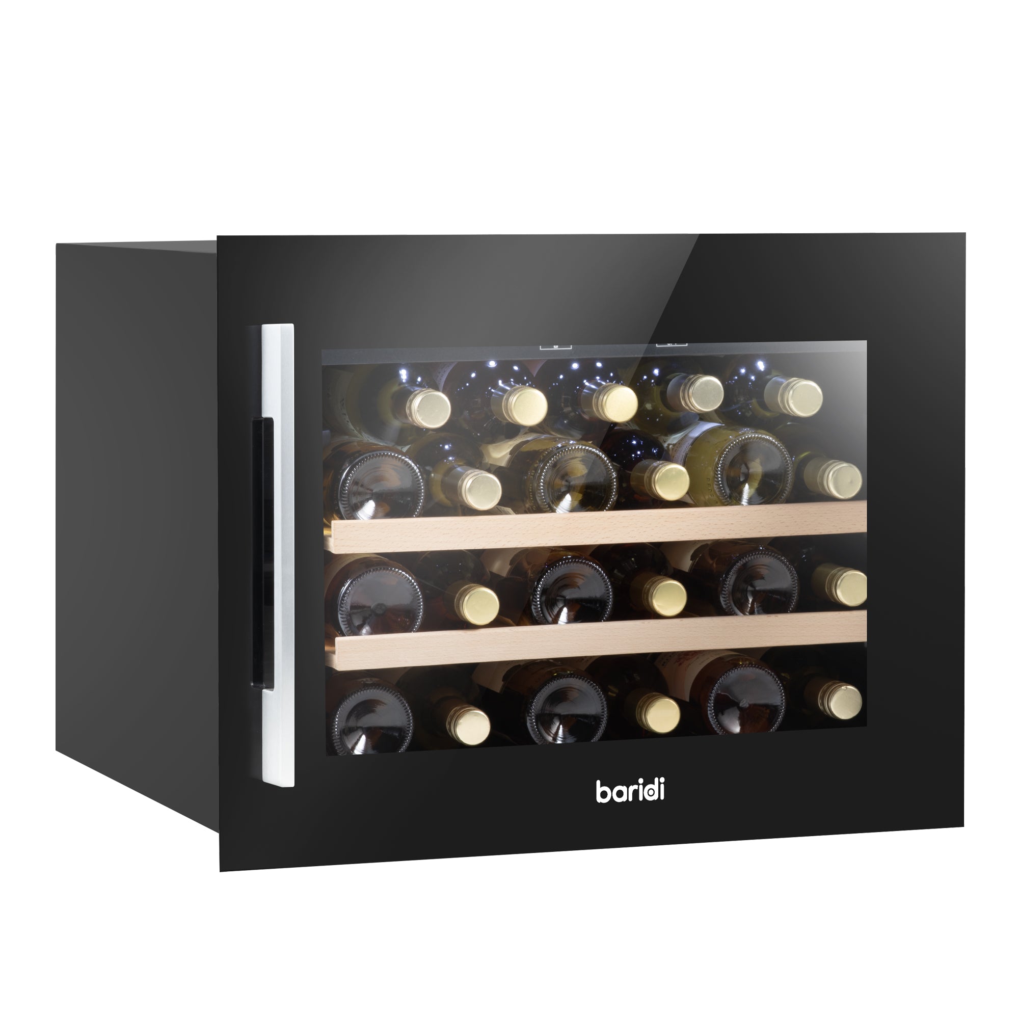 Baridi 60cm Built-In 28 Bottle Wine Cooler Refrigerator with Beech Wood Shelves - Black DH205 | Perfect for Home Bars, Restaurants & Wine Cellars