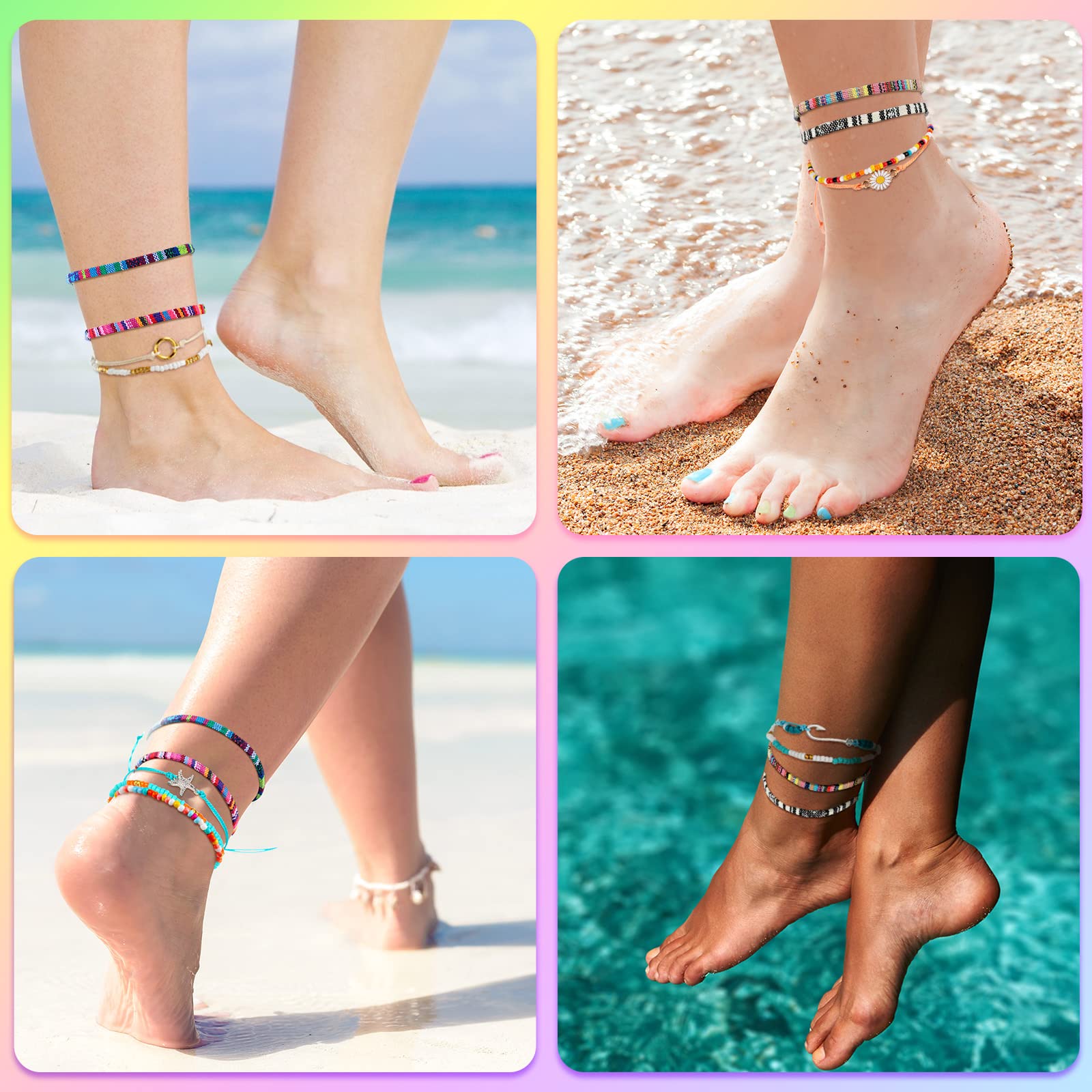 Jadive 6-Piece Bohemian Surfer Bracelet Set - Adjustable Woven Ankle & Wrist Bracelets for Women - Perfect for Beach, Festival & Christmas Gifts