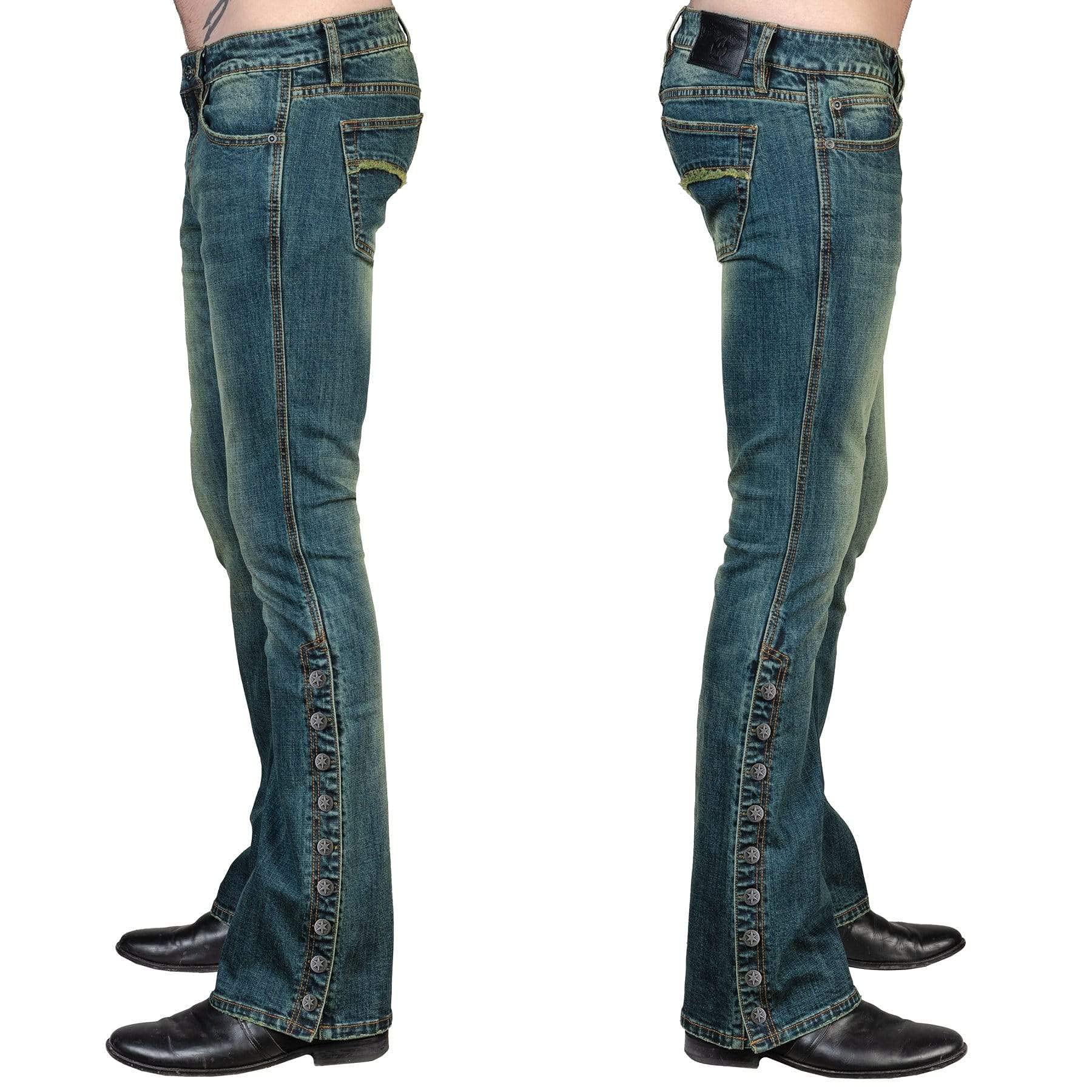 Wornstar Hellraiser Side Button Jeans - Vintage Blue Denim Pants for Men | Retro High Waisted Skinny Jeans | Casual Streetwear & Night Out Outfits