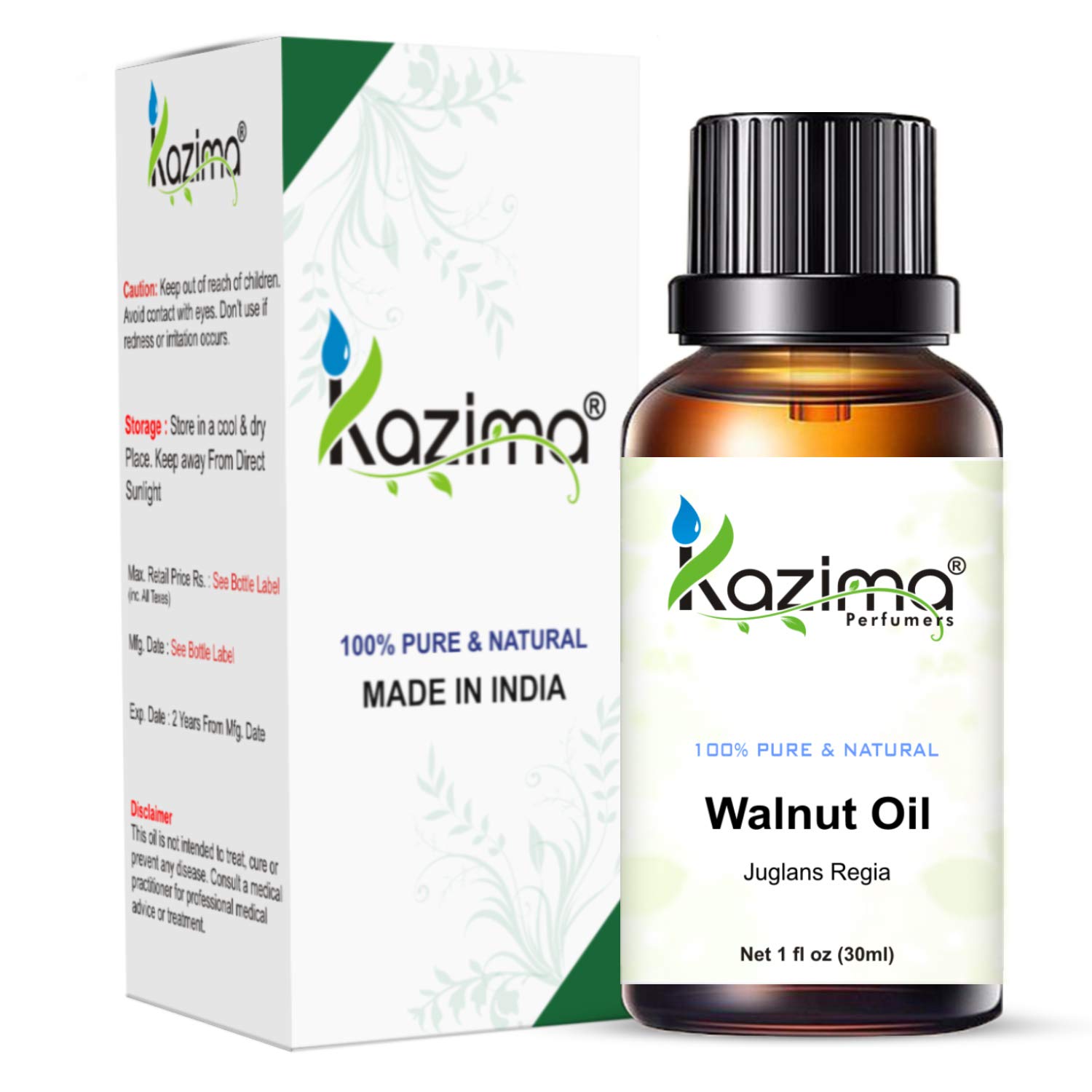 KAZIMA 100% Pure Cold Pressed Walnut Carrier Oil - Undiluted Natural Oil for Skin Care, Hair Care & Massage (30ml) - Perfect for Aromatherapy, DIY Beauty & Scalp Treatments