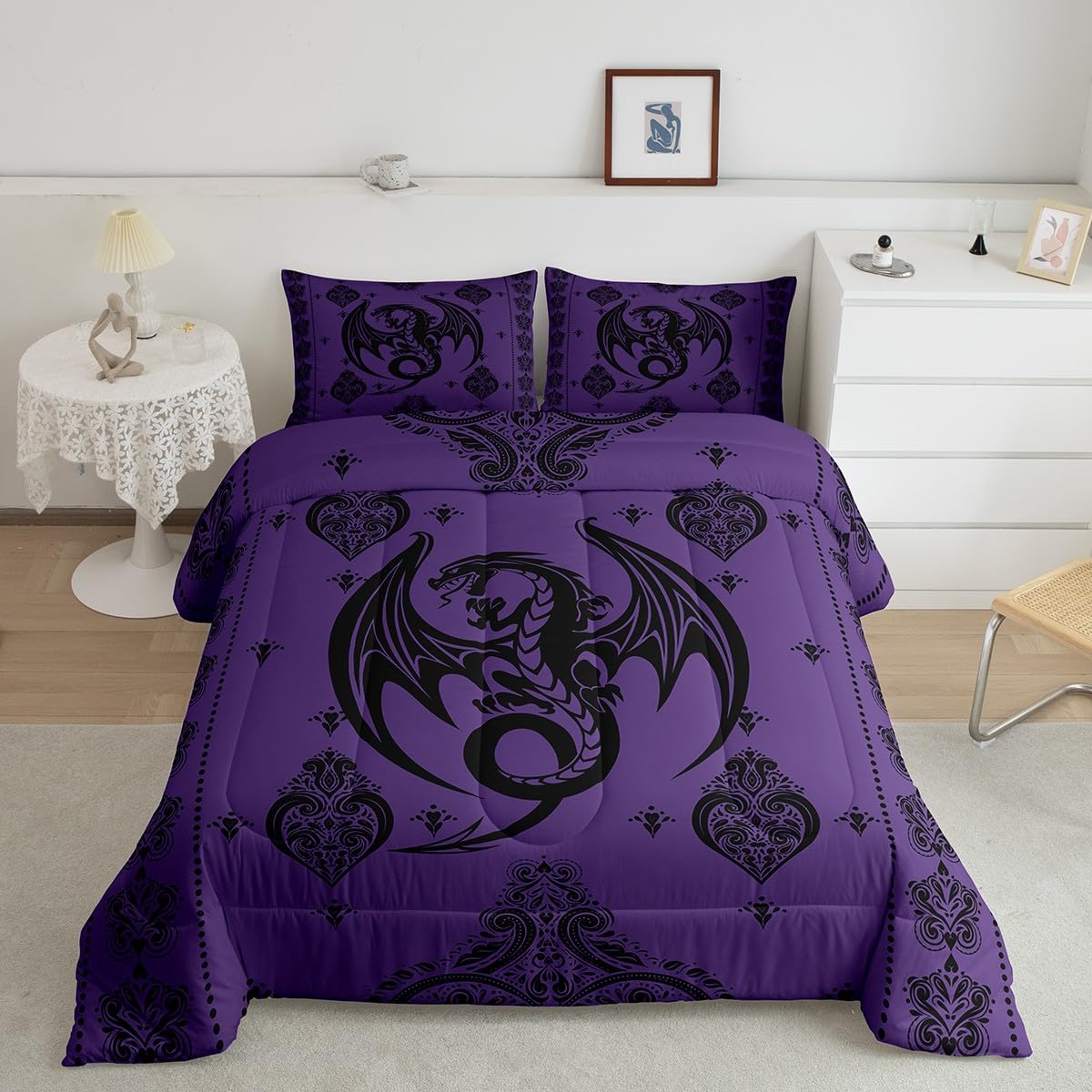 Purple Black Dragon Comforter Set Twin Size - Vintage Boho Floral Print Bedding 2 Piece Set with Paisley Pattern Quilt - Exotic Trippy Duvet Cover for Kids, Boys, Girls & Adults - Perfect for Bedroom Decor, Guest Rooms & Dorm Essentials (Includes 1 Pillowcase)