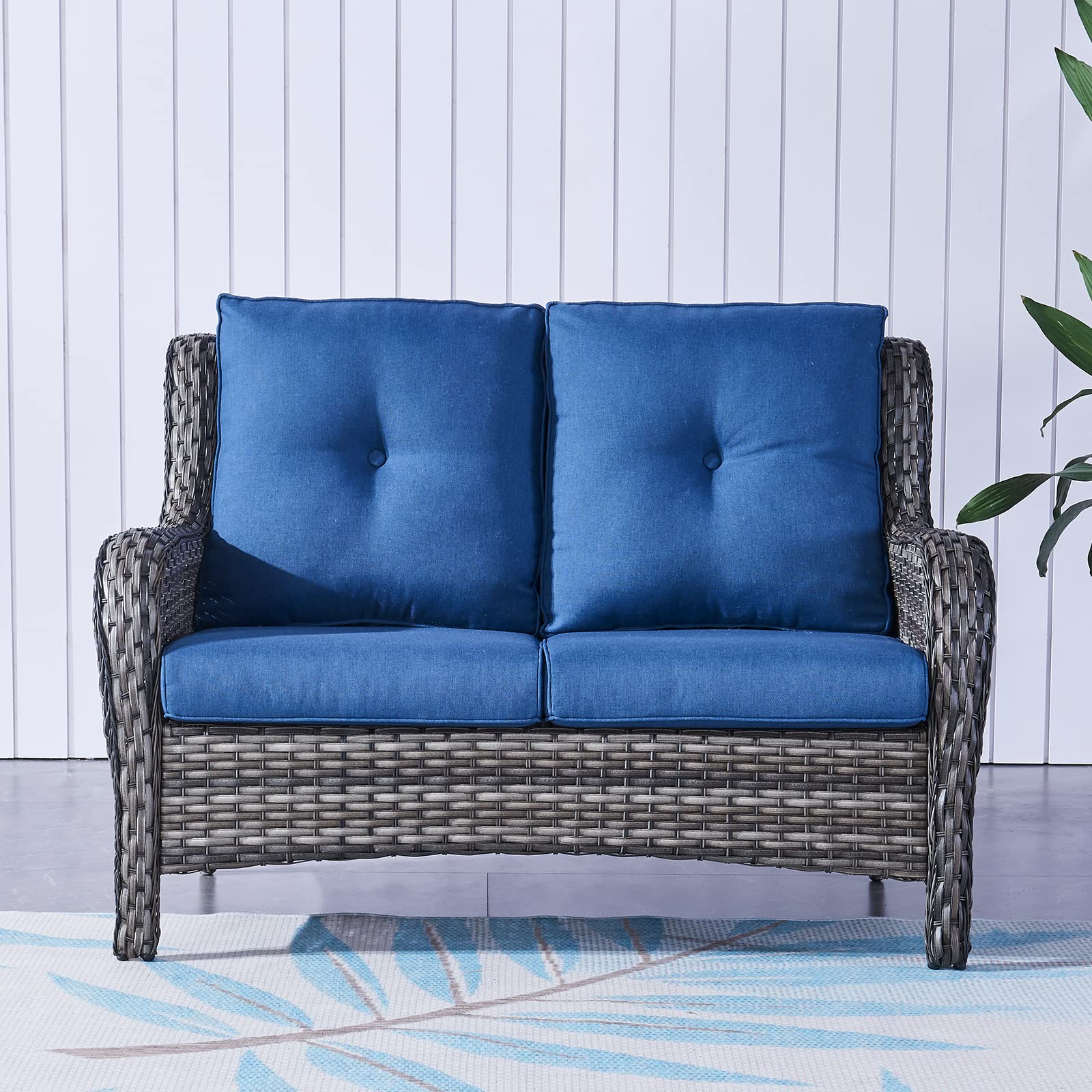 2-Seat Wicker Patio Loveseat - Outdoor Rattan Sofa with Deep Seating & Cushions, Mixed Grey/Blue - Perfect for Porch, Deck, Balcony & Backyard Relaxation