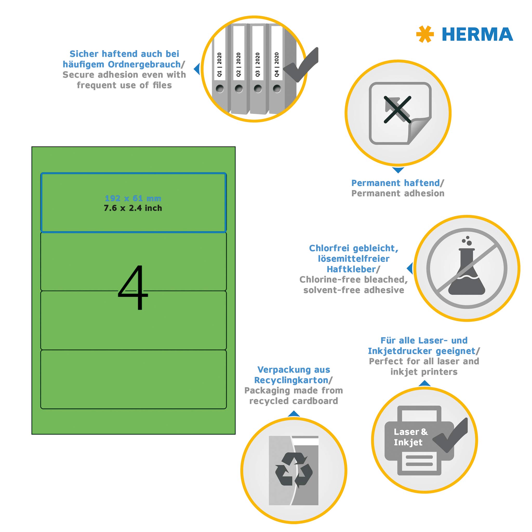 HERMA Self Adhesive Spine Labels - 80 Blank File Folder Stickers (4 Labels per A4 Sheet, 20 Sheets, 192x61mm) for Laser & Inkjet Printer - Green Arch Lever Labels for Office Organization, File Classification & Document Management
