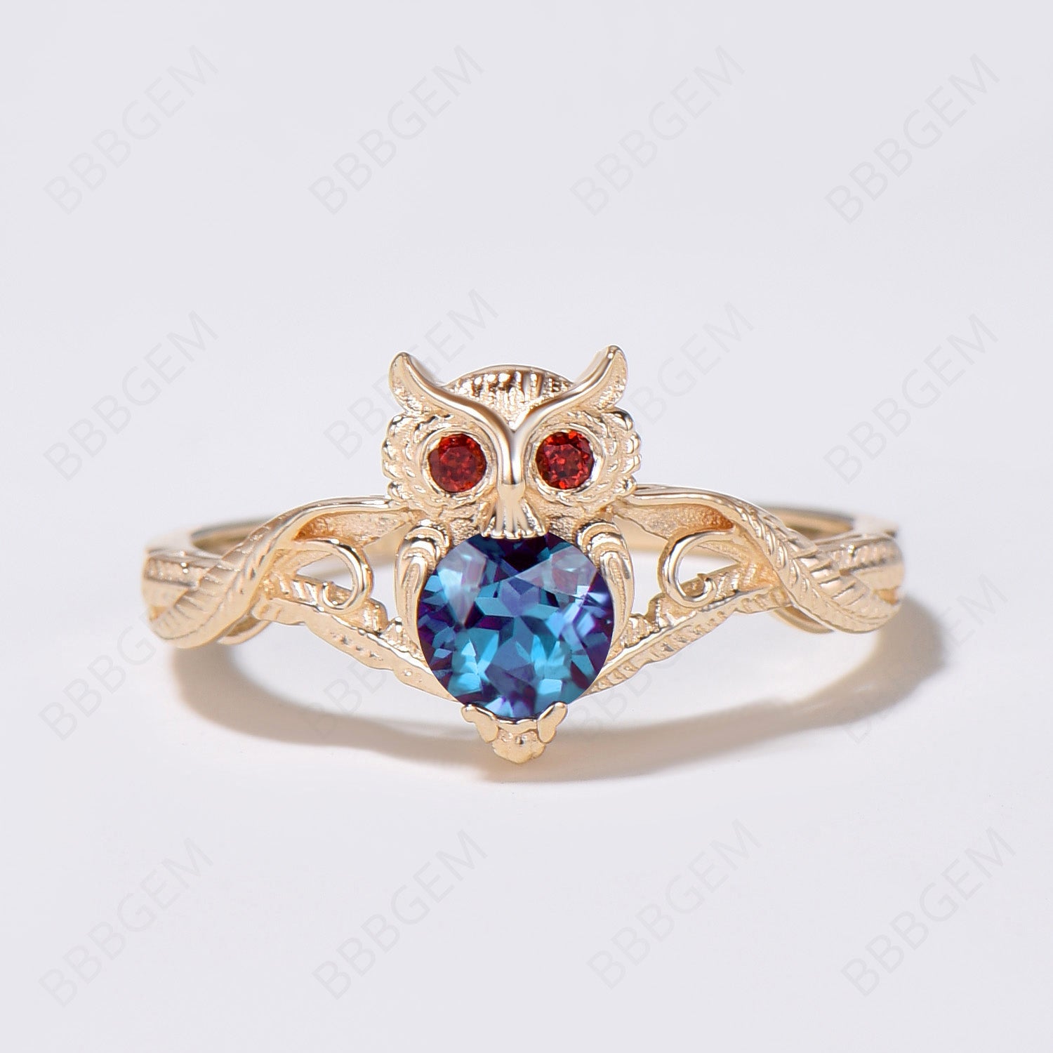 Owl Engagement Ring - Twig Vine Round Alexandrite Garnet Wedding Band for Women | Perfect for Nature-Inspired Proposals & Anniversary Gifts