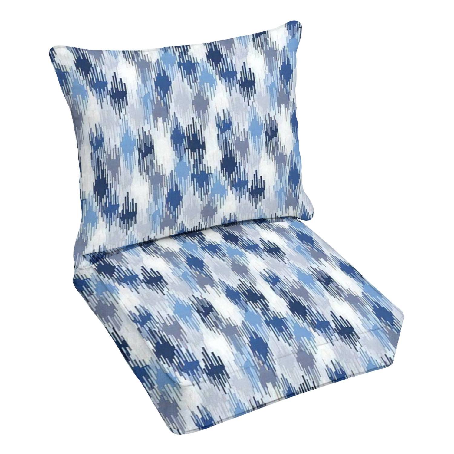 Premium Outdoor Deep Seating Cushion Set - Blue Ikat Ethnic Pattern, Seamless Design for Patio Furniture - Perfect Replacement Cushions for Lounge Chairs & Conversation Sets - Ideal for Backyard, Poolside, and Outdoor Living Spaces