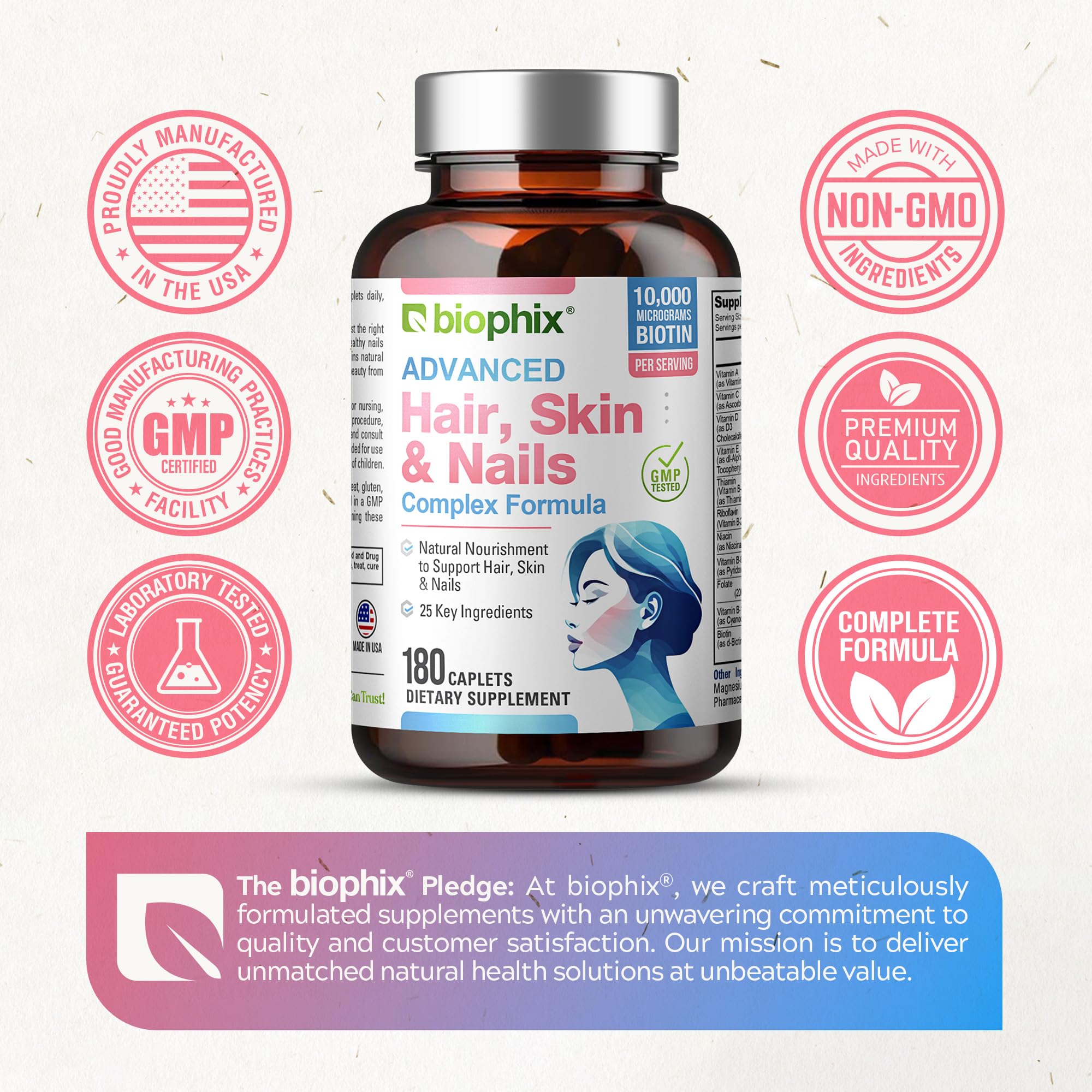Biophix Hair Skin and Nails Complex 180 Caplets with 10,000 mcg Biotin - Multivitamin Supplement for Strong Nails, Healthy Hair & Skin, Anti-Aging Support - Perfect for Daily Beauty & Wellness Routine