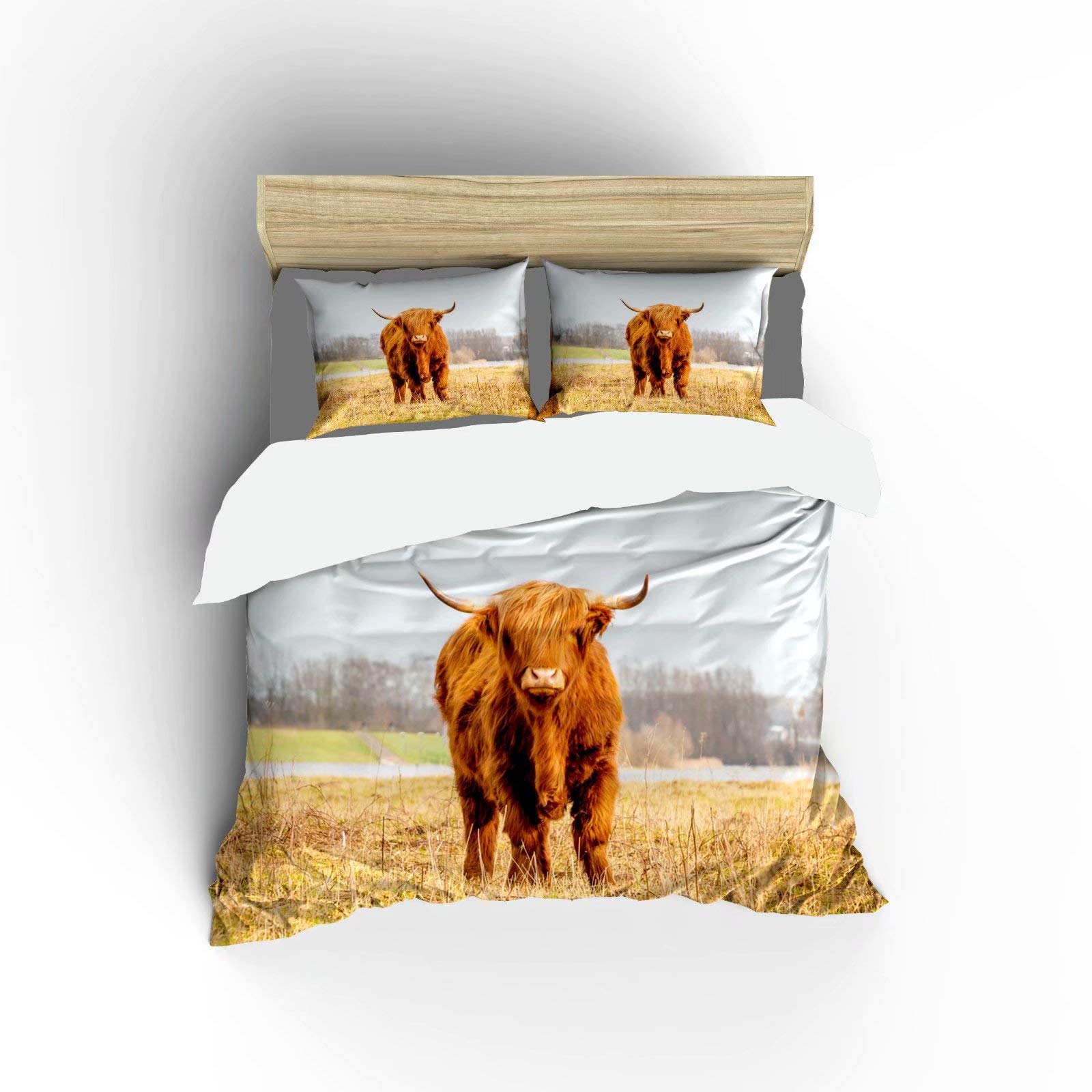 Premium Scottish Highlander Brown Wild Cow Print Ultra Soft Microfiber 3-Piece King Size Bedding Set - 1 Duvet Cover + 2 Pillow Shams | Lightweight & Breathable Quilt Cover for Cozy Bedroom Decor - Perfect for Men & Women's Master Bedroom or Guest Room