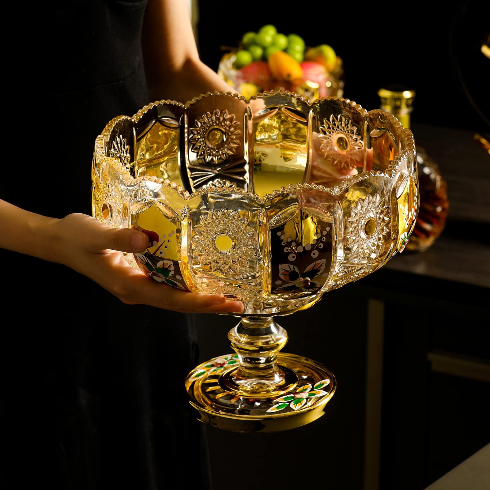 Elegant Gold Large Stemmed Fruit Bowl - Decorative Centerpiece for Kitchen, Living Room, Dining Table | Perfect for Fruit Display, Home Decor, and Party Serving