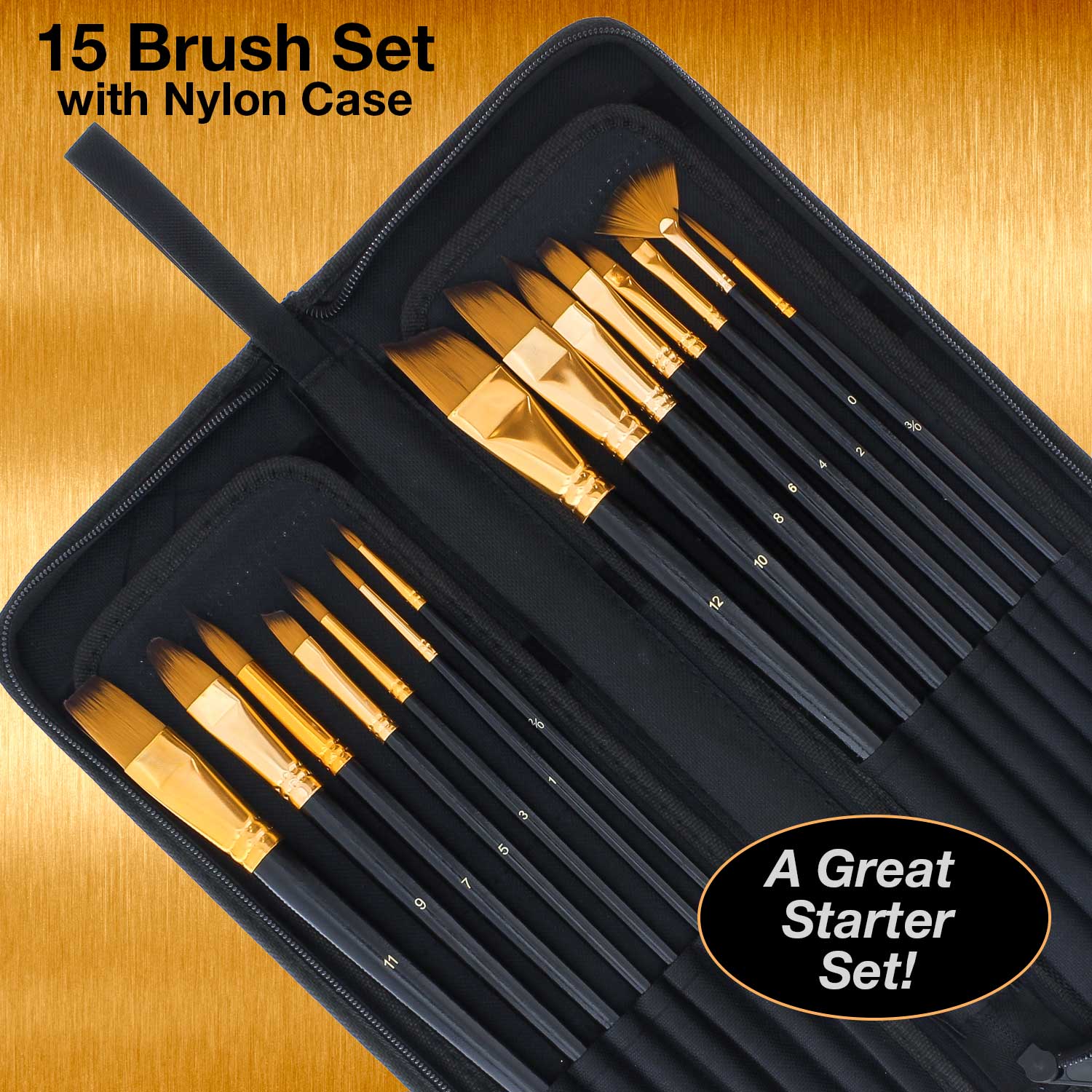 15 Piece Artist Long Handle Paint Brush Set - Professional Acrylic Oil Watercolor Brushes in Zippered Nylon Travel Case - Perfect for Studio, Outdoor Sketching & Art Classes